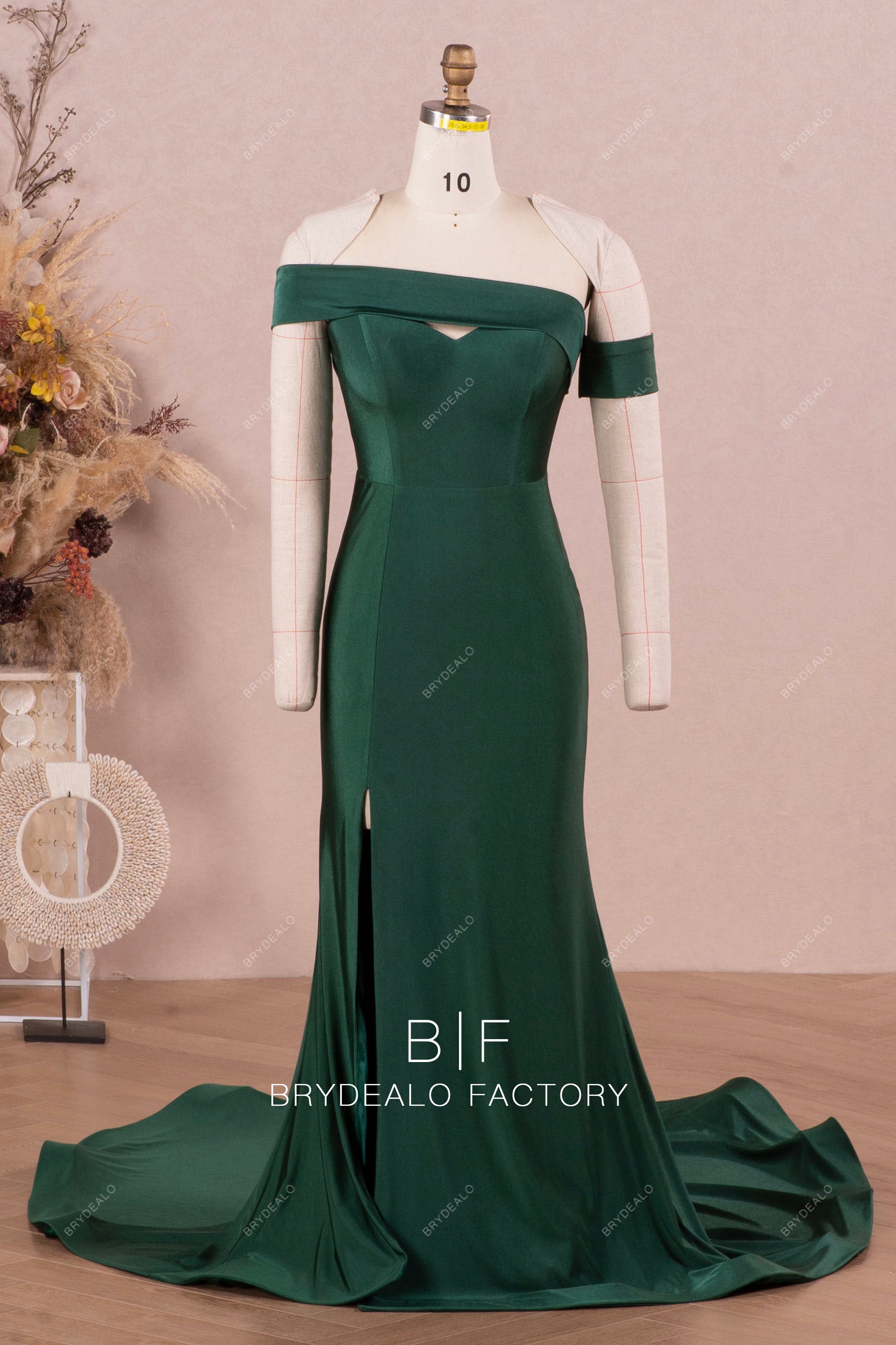 Dark Green One Shoulder Sleeve Jersey Bridesmaid Dress, image size:1800x2700
