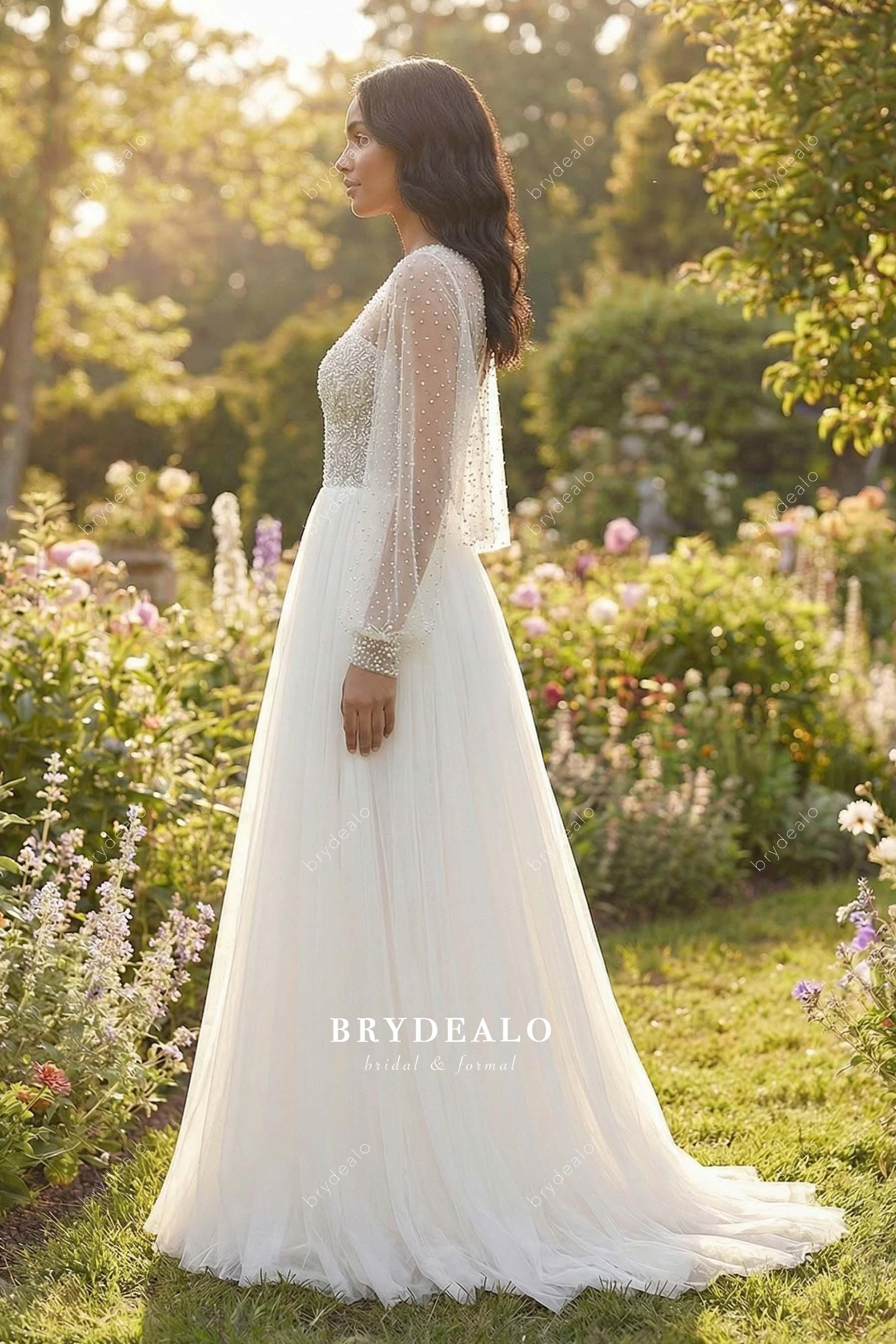 detachable pearl cape wedding dress