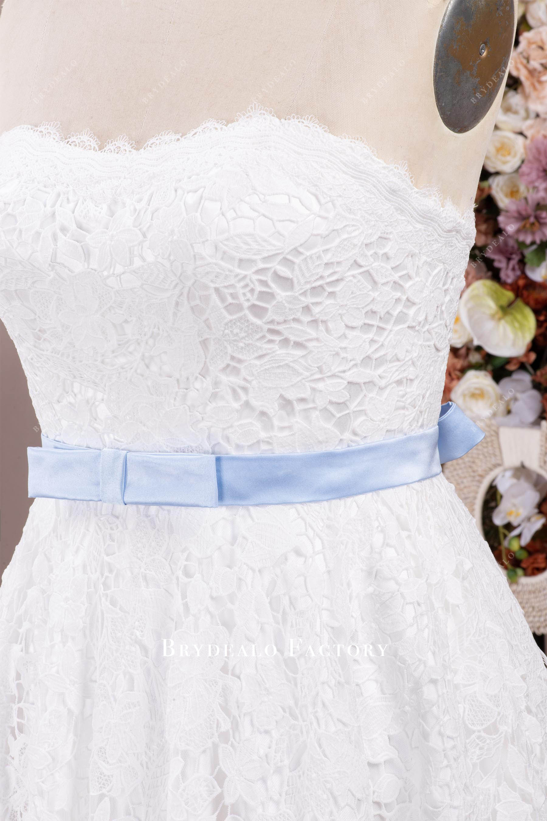 detachable sky blue satin knot belt wedding dress
