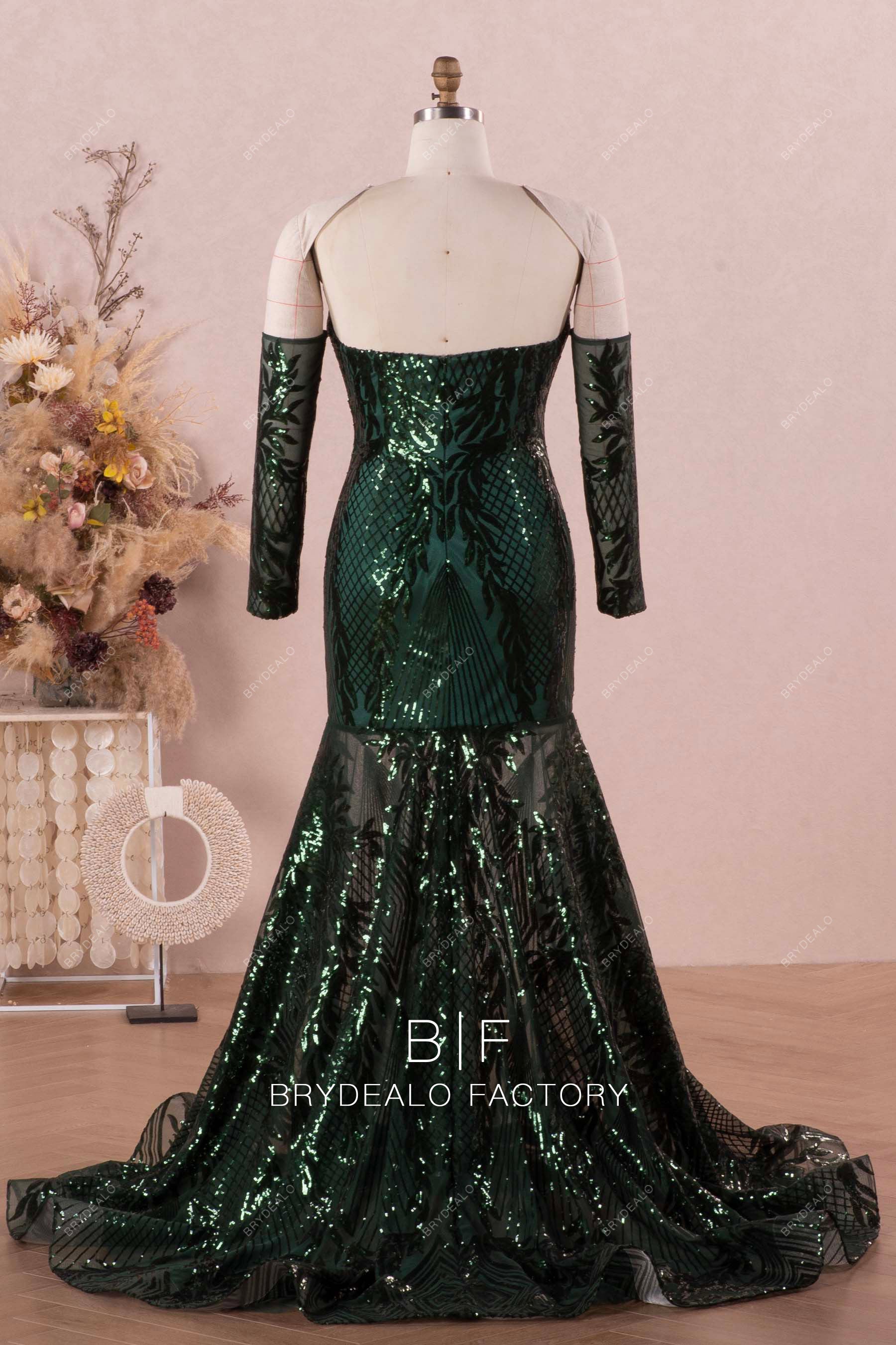Sparkly Dark Green Straight Neck Sleeved Prom Dress