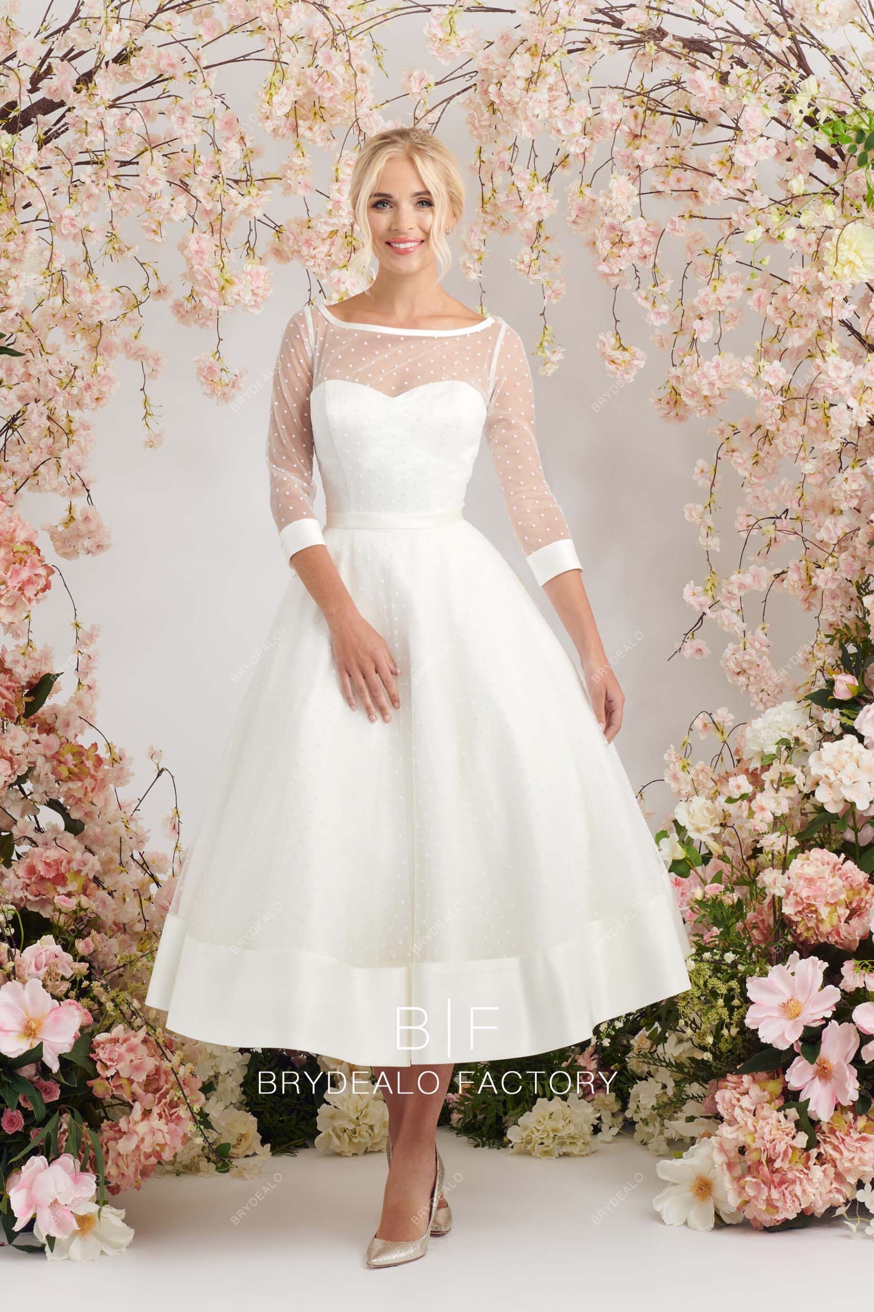 dot tulle tea length ivory vintage bridal dress