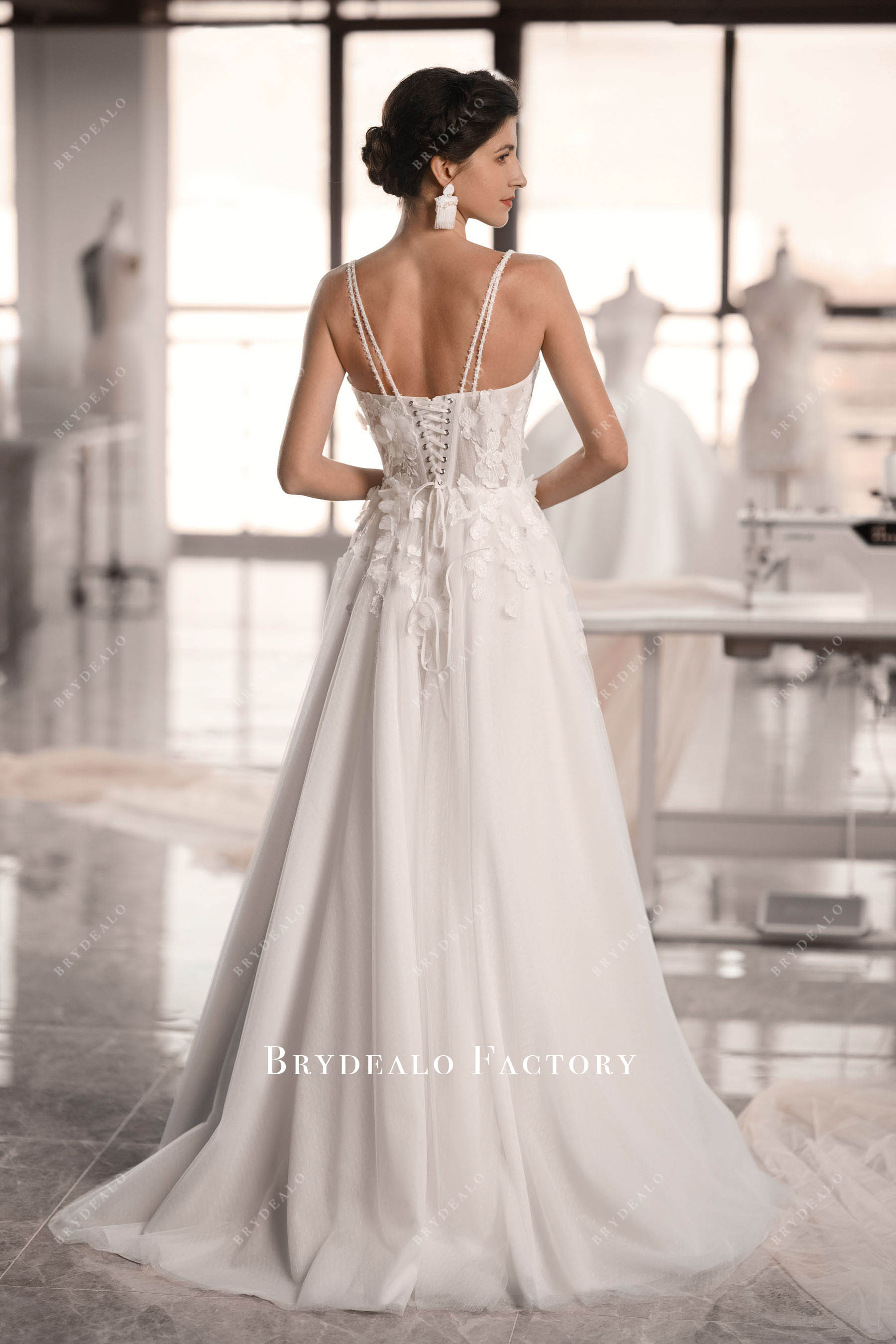 double flower straps Aline wedding dress
