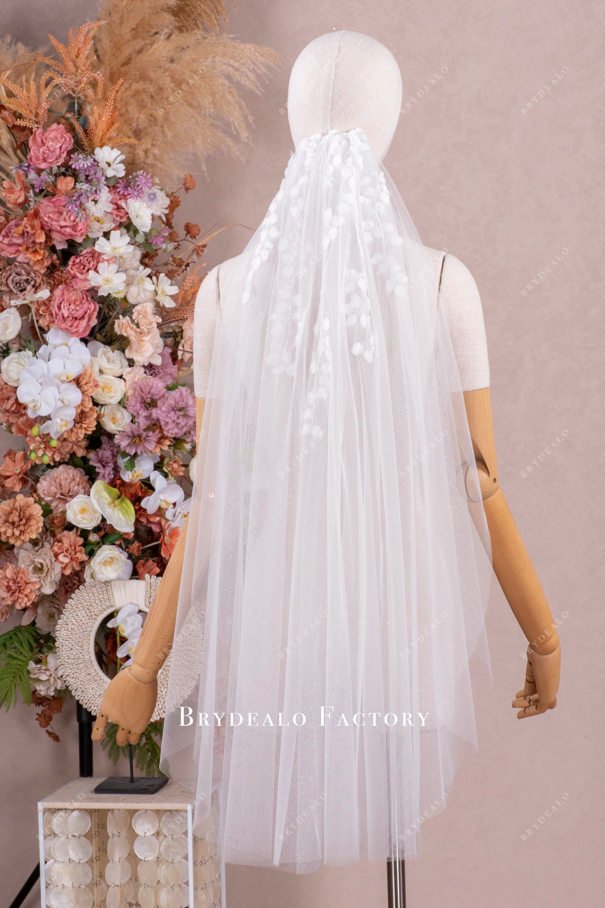 Two-Tier Floral Lace Wedding Veil with Comb Ivory Two Tier Wide Floral Lace Edge Fingertip Veil | L&F main image 2