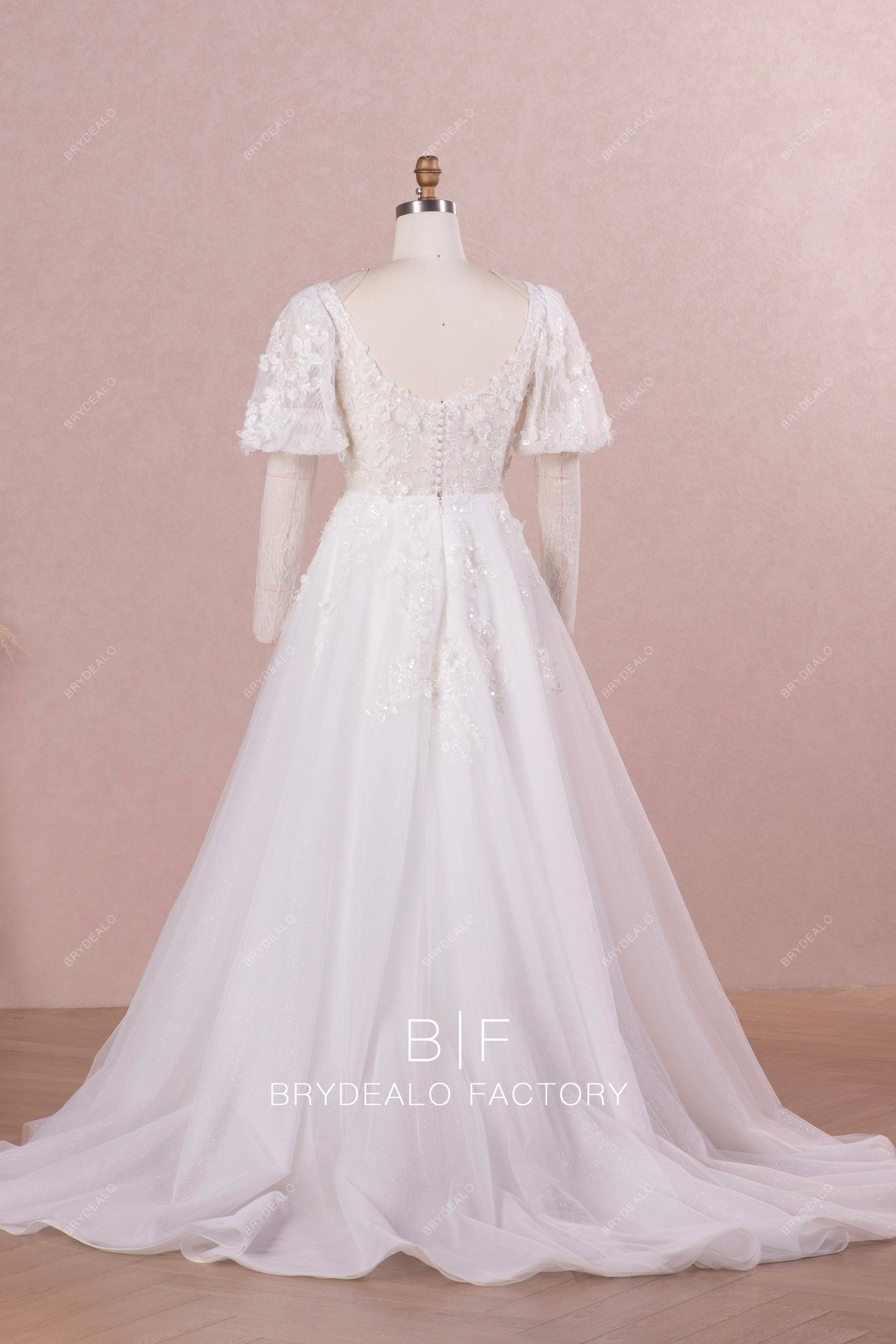 Private Label Beaded Lace Puffy Sleeves Custom Wedding Ball Gown