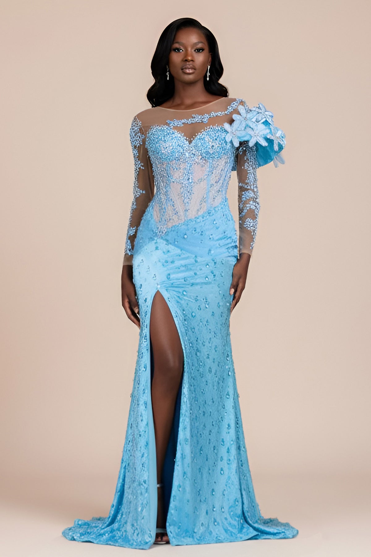 dramatic flower shoulder prom dress