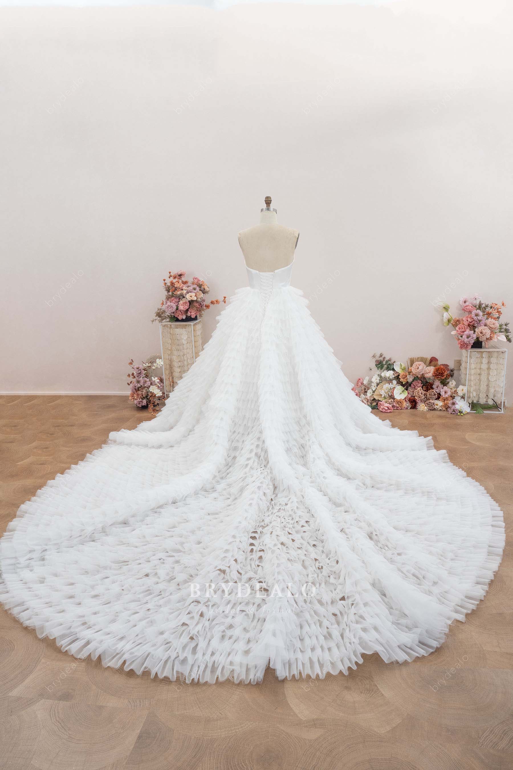dramatic long tiered tulle bridal gown
