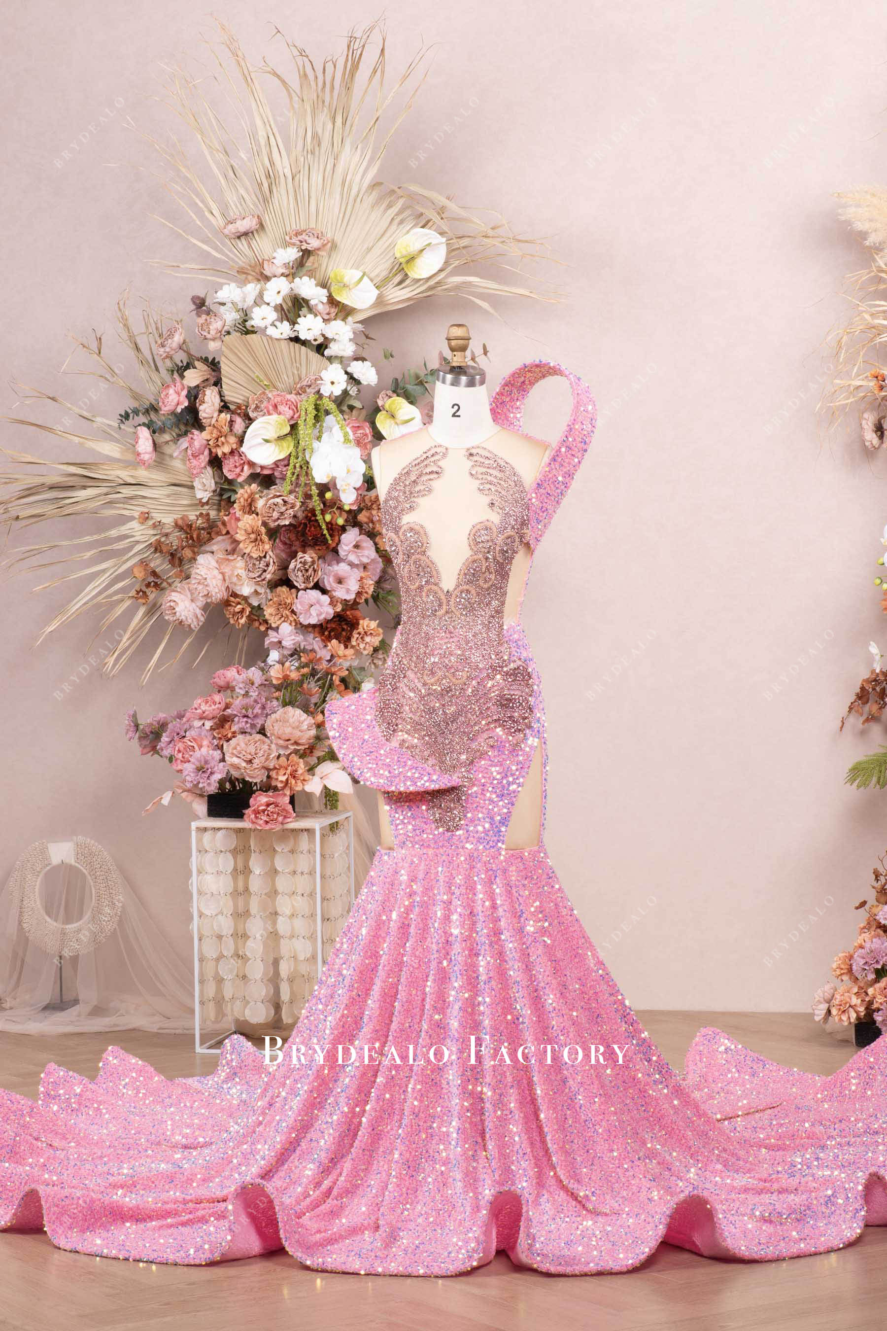 dramatic shoulder panel prom dress