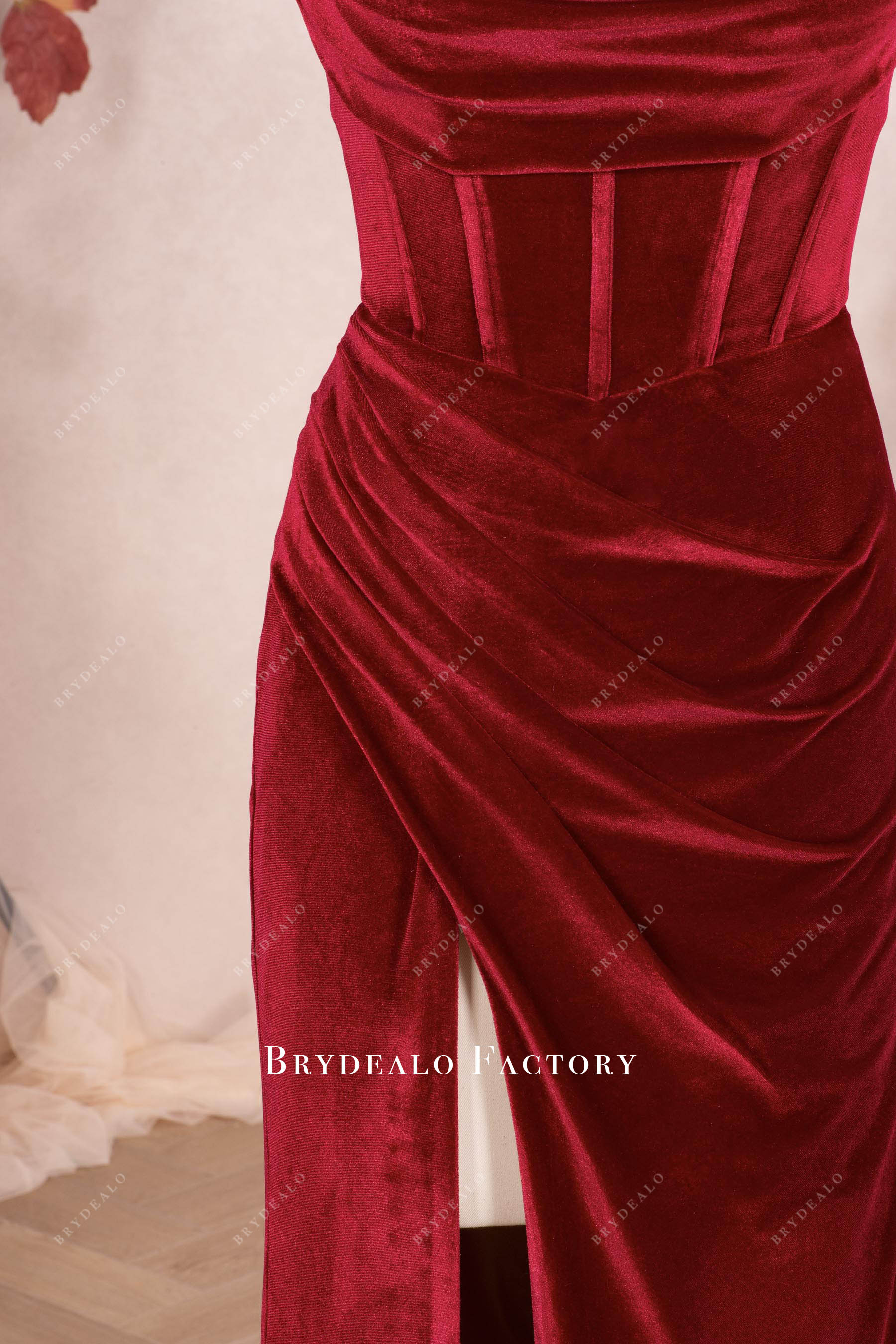 draping high slit velvet prom dress