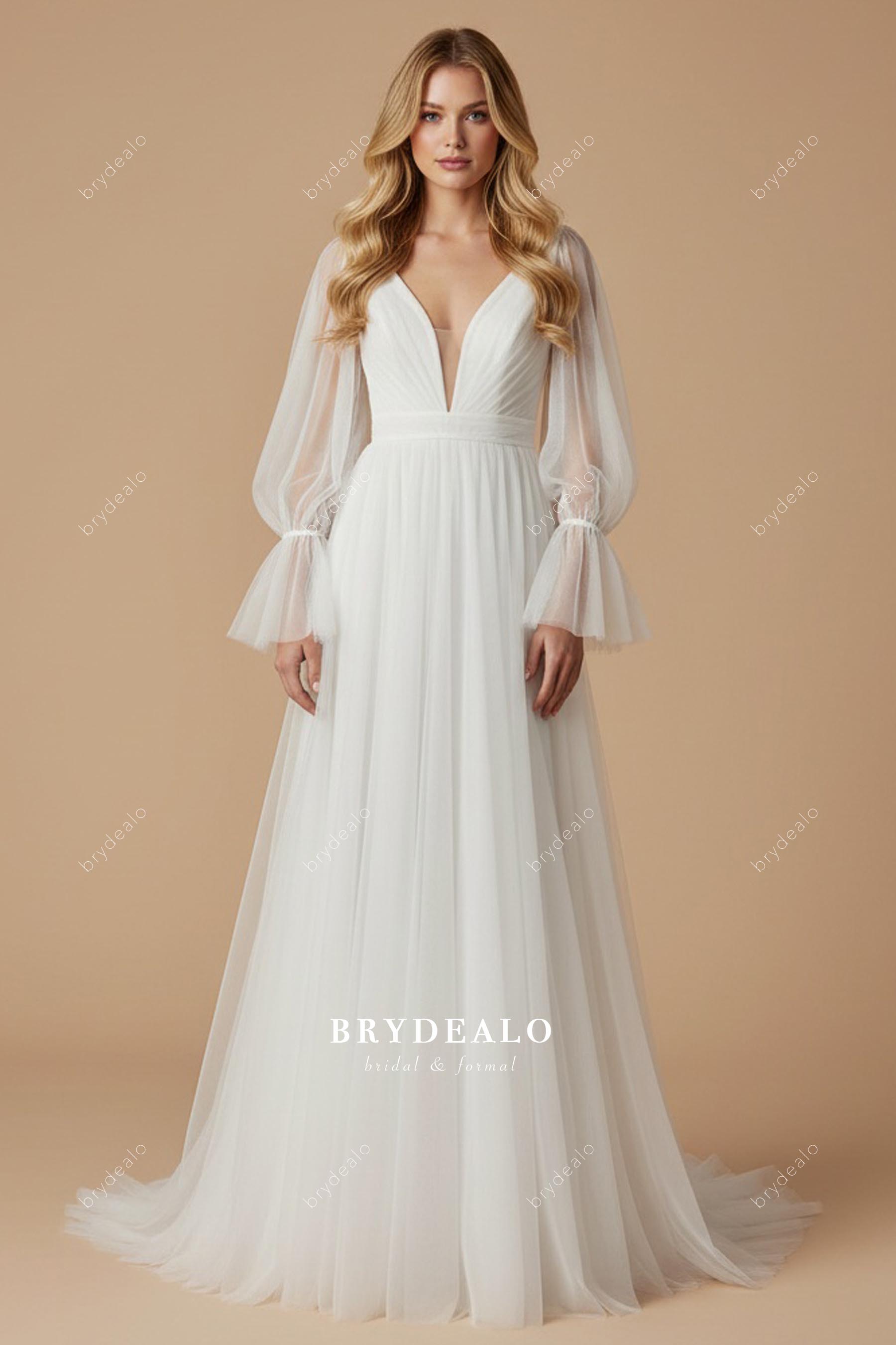 Pleated Tulle Plunging Sleeved Wedding Dress Neck & Armhole With Ribbon / Black Pleated Tulle Plunging Sleeved Wedding Dress Neck & Armhole With Ribbon / Black