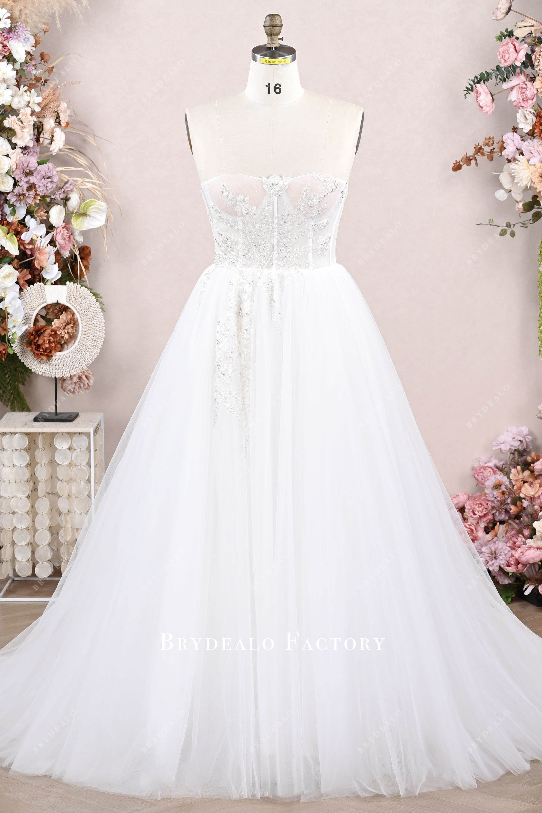 Strapless Illusion Corset Beaded Lace Shimmery Wedding Ball Gown Strapless Illusion Corset Beaded Lace Shimmery Wedding Ball Gown