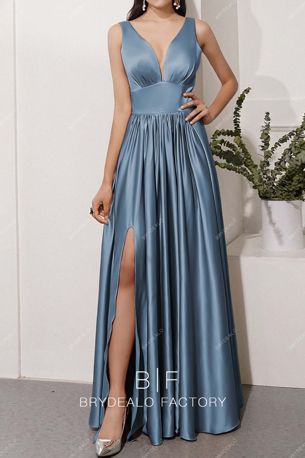 chinese dress ladies Dusty Blue Plunging Neck Empire Slit Charmeuse Bridesmaid Dress