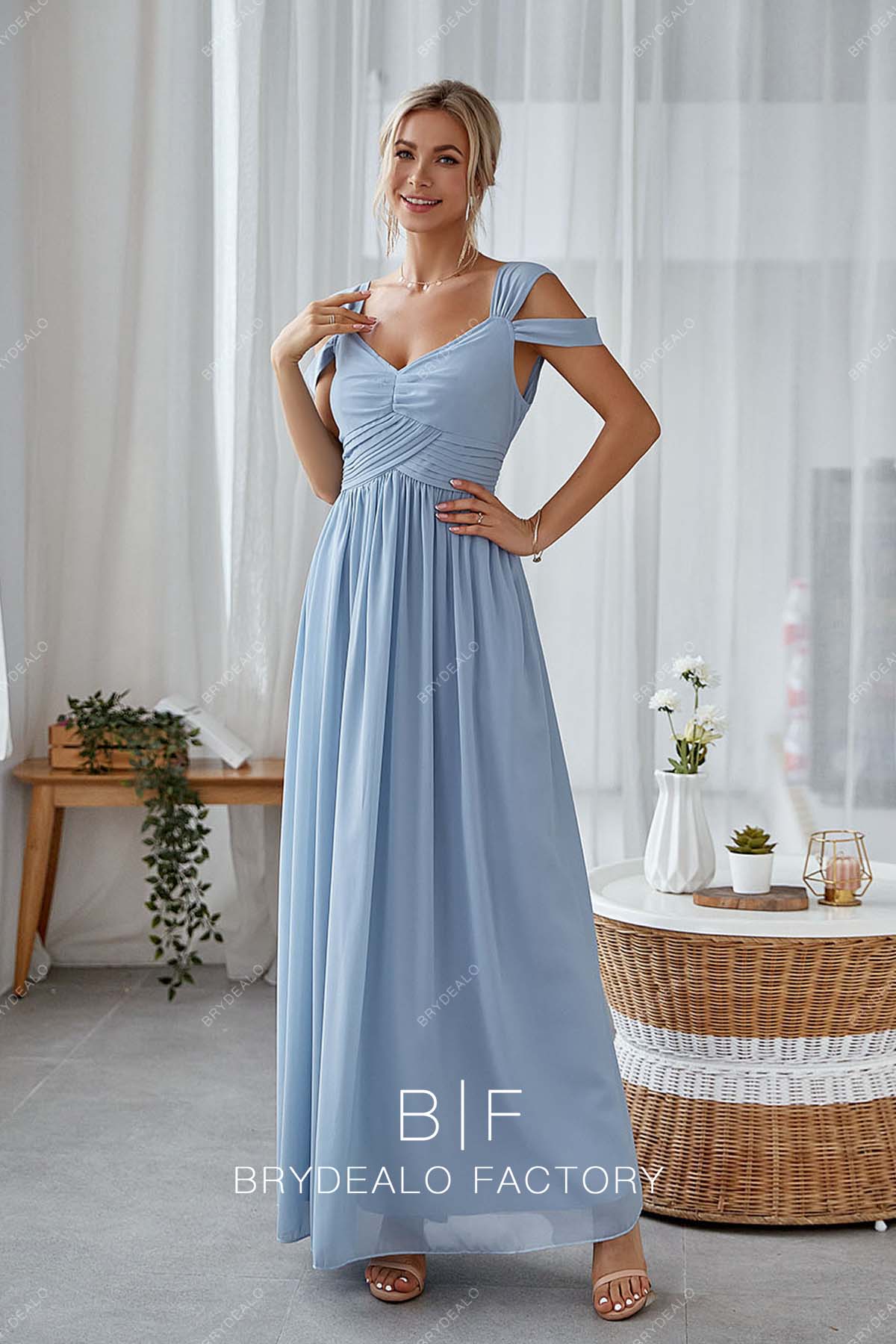 Dusty Blue Cold Shoulder Pleated Empire Chiffon Bridesmaid Gown