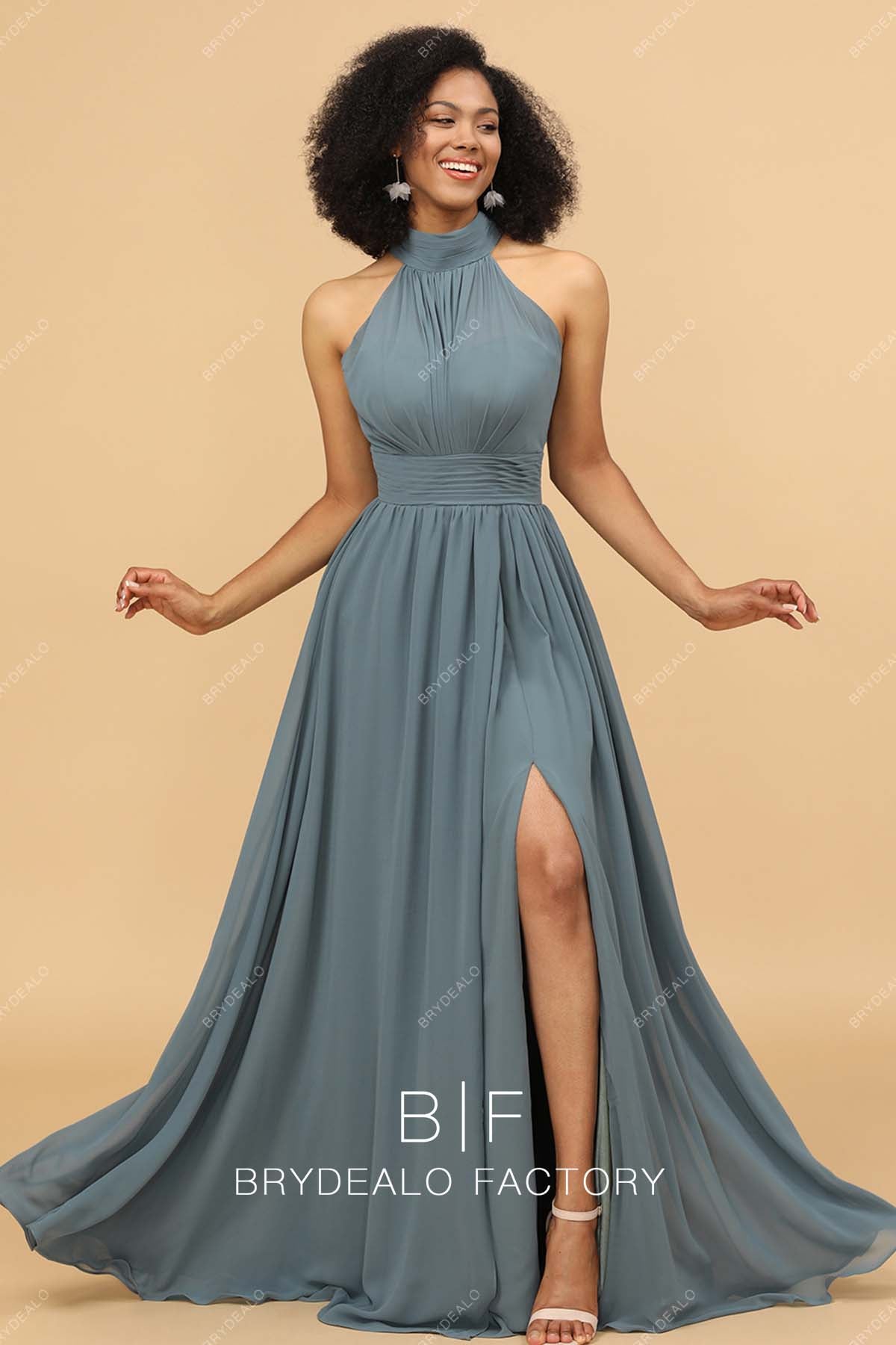 Dusty Blue Slit Floor Length Chiffon A-line Bridesmaid Gown
