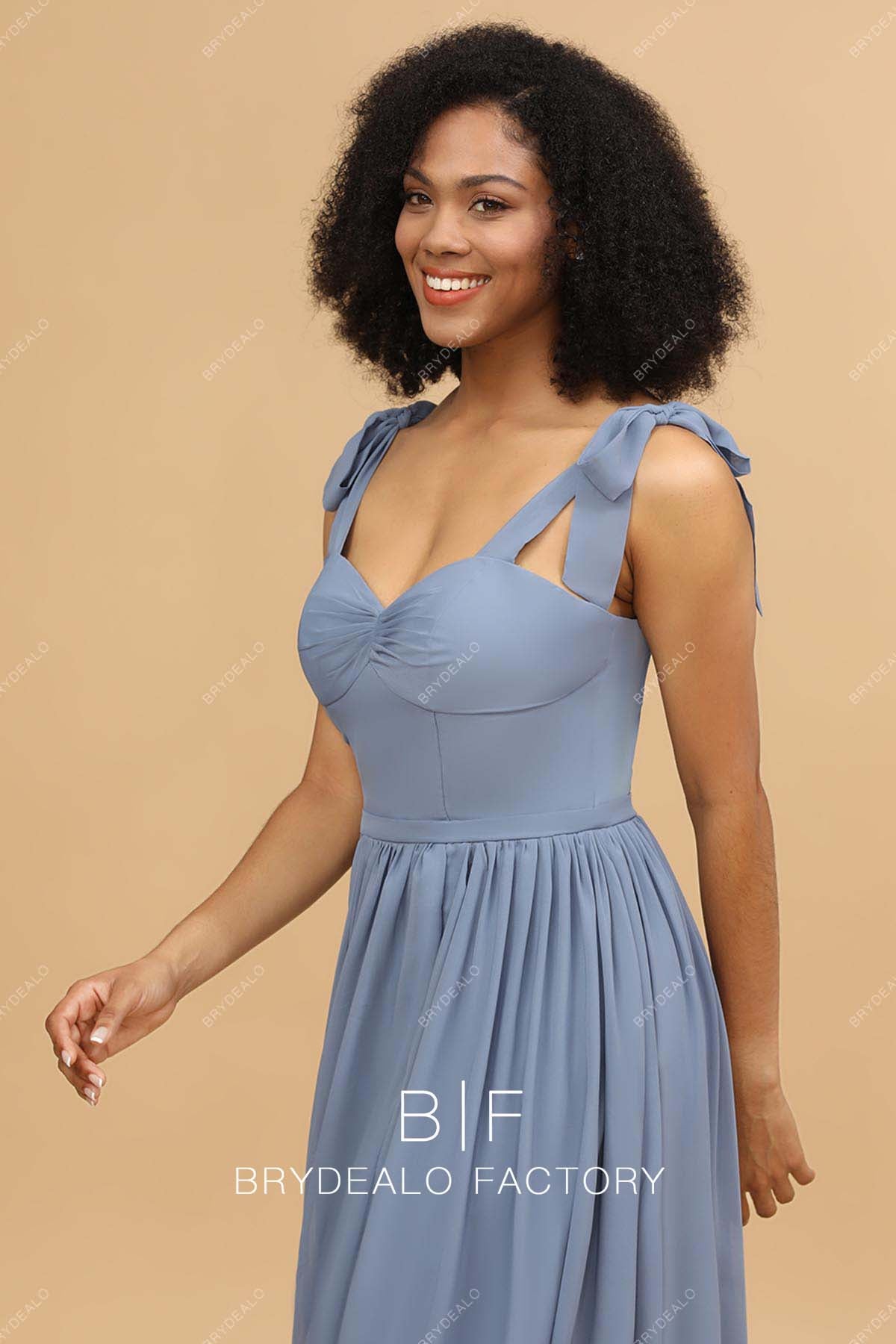 dusty blue sleeveless chiffon bridesmaid dress