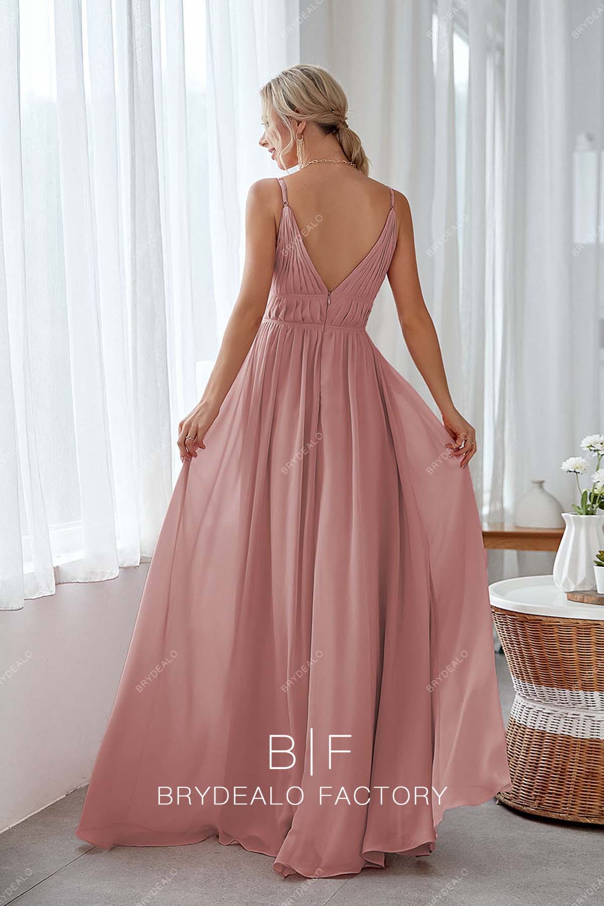 Dusty Rose V-back A-line Chiffon Bridesmaid Dress