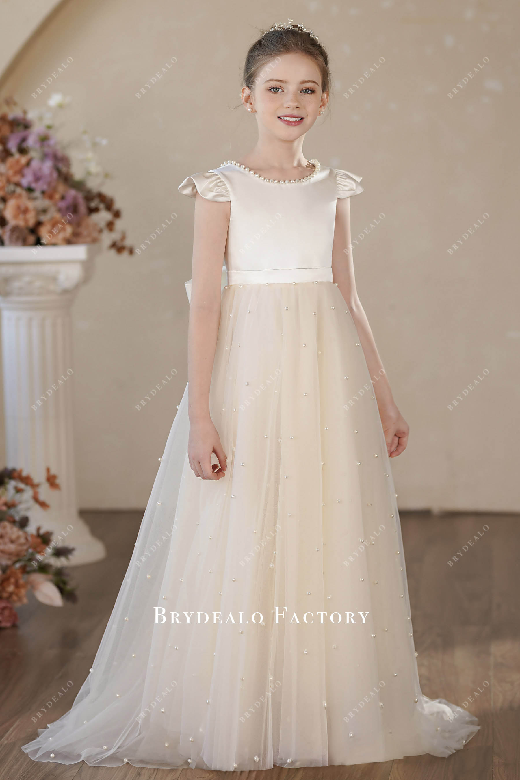 Ready To Ship | Elegant Cap Sleeve Satin Pearl Tulle Flower Girl Dress Ready To Ship | Elegant Cap Sleeve Satin Pearl Tulle Flower Girl Dress