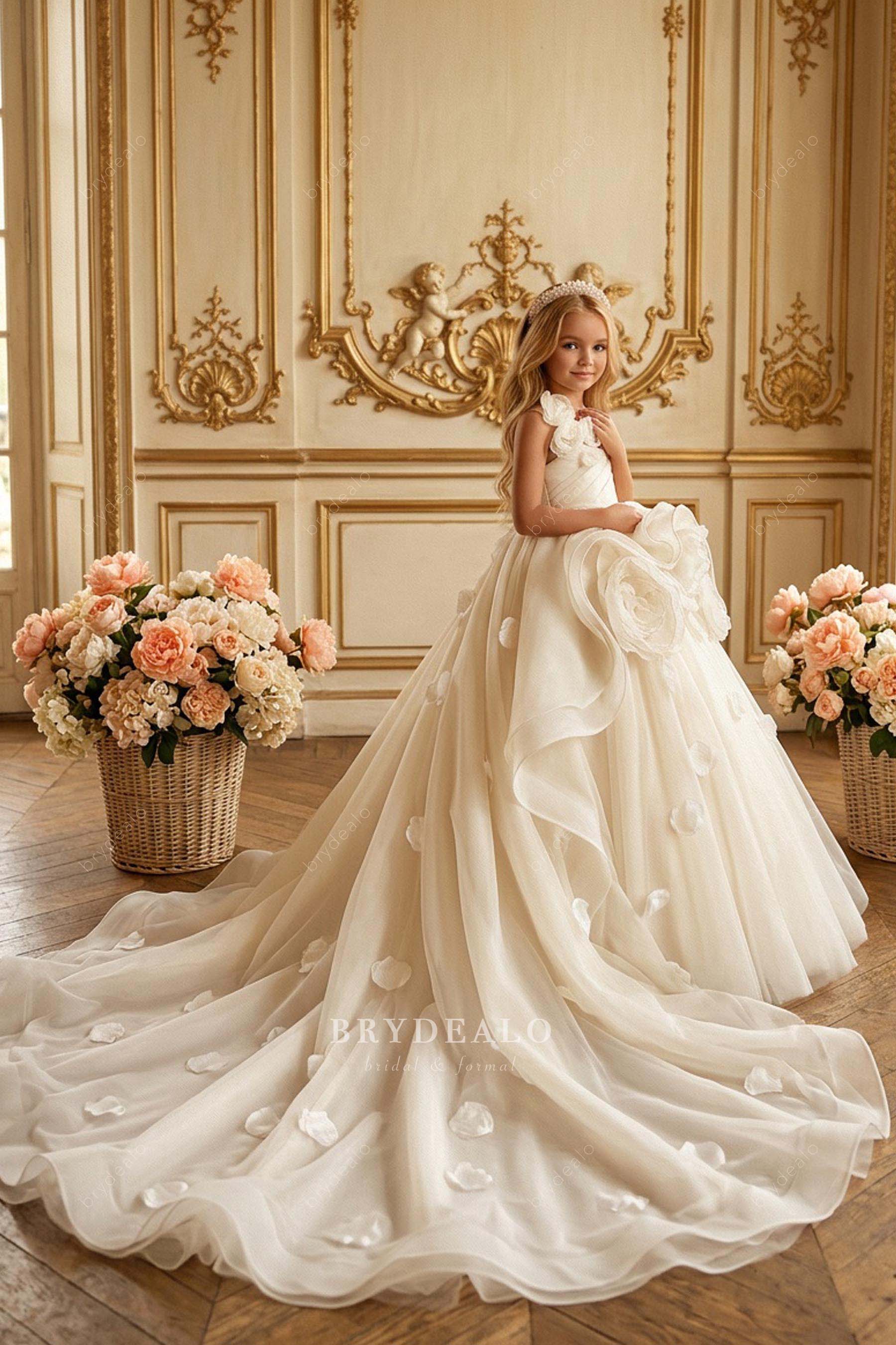 Royal Flower Petals Straps White First Communion Gown
