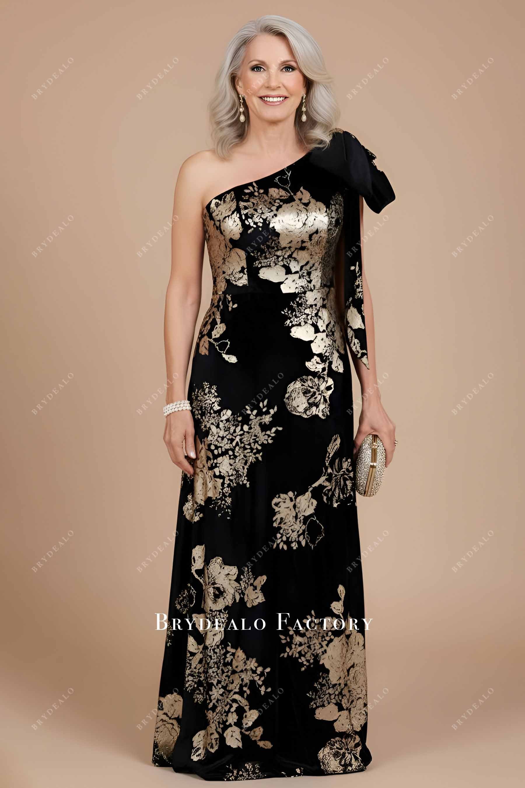 Black Gold Velvet One Shoulder Knot Mother of Bride Dress Black Gold Velvet One Shoulder Knot Mother of Bride Dress