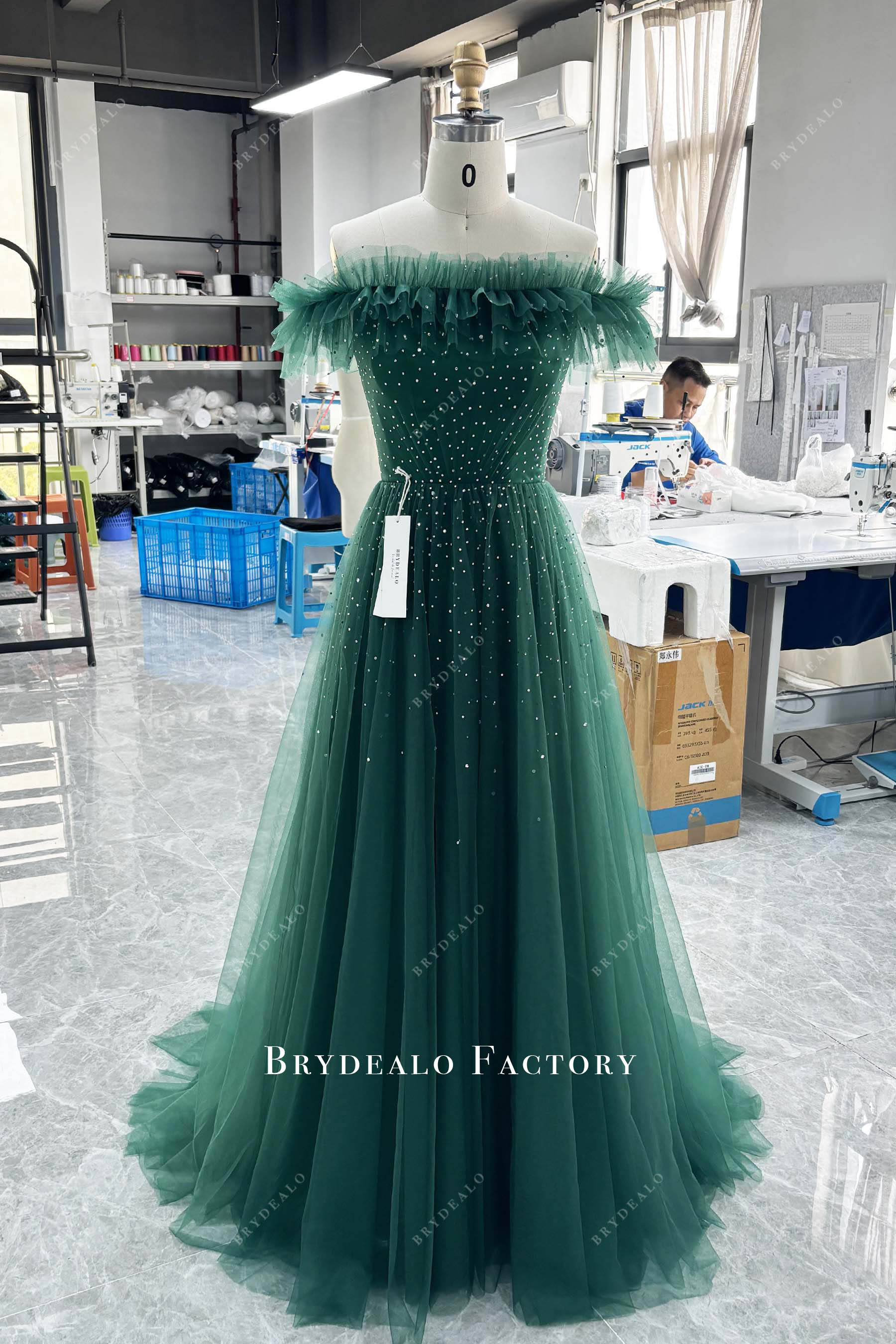 elegant off shoulder rhinestone prom dress