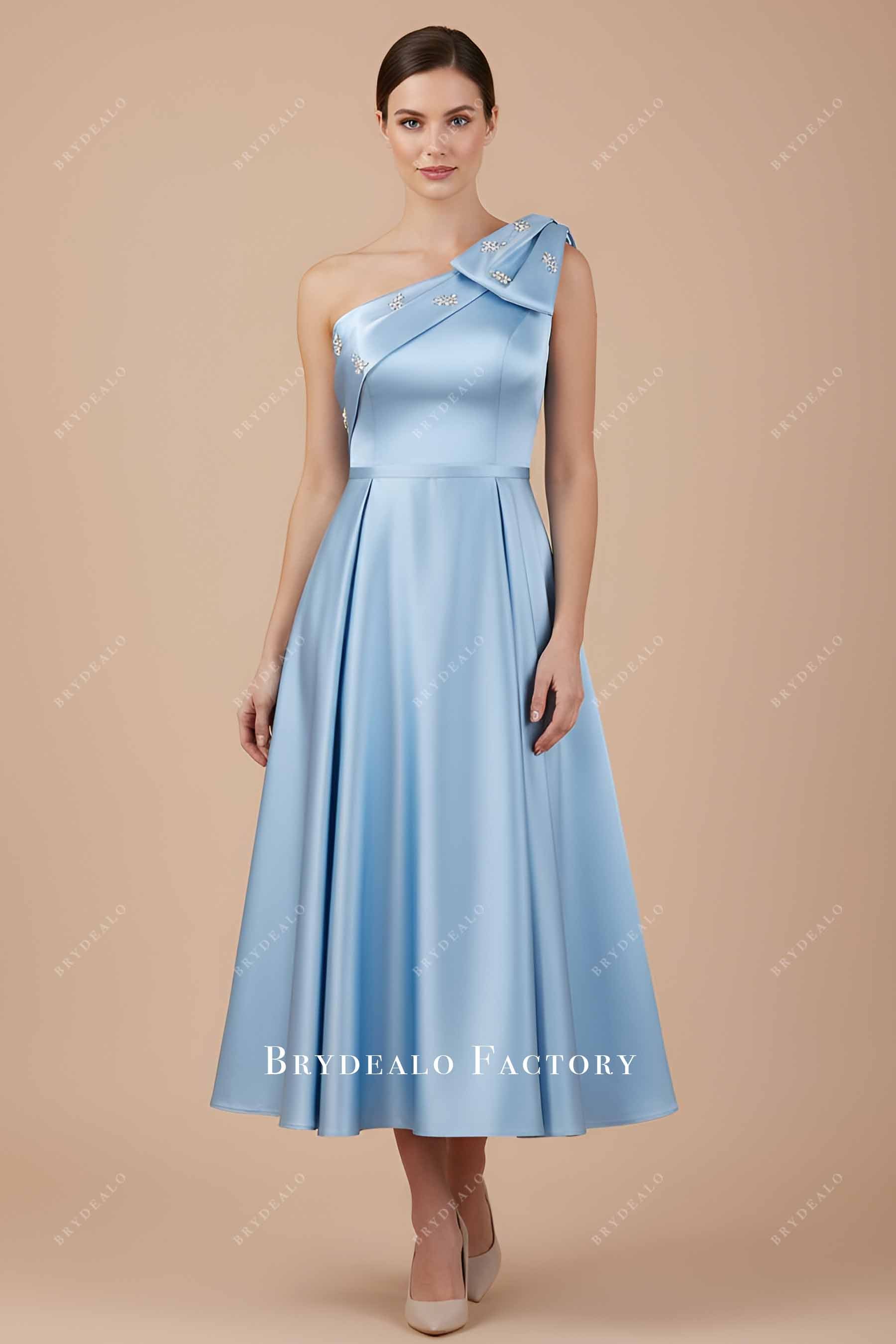 blue dress for baby girl Dusty Blue Shoulder Rhinestone Bow Formal Dress