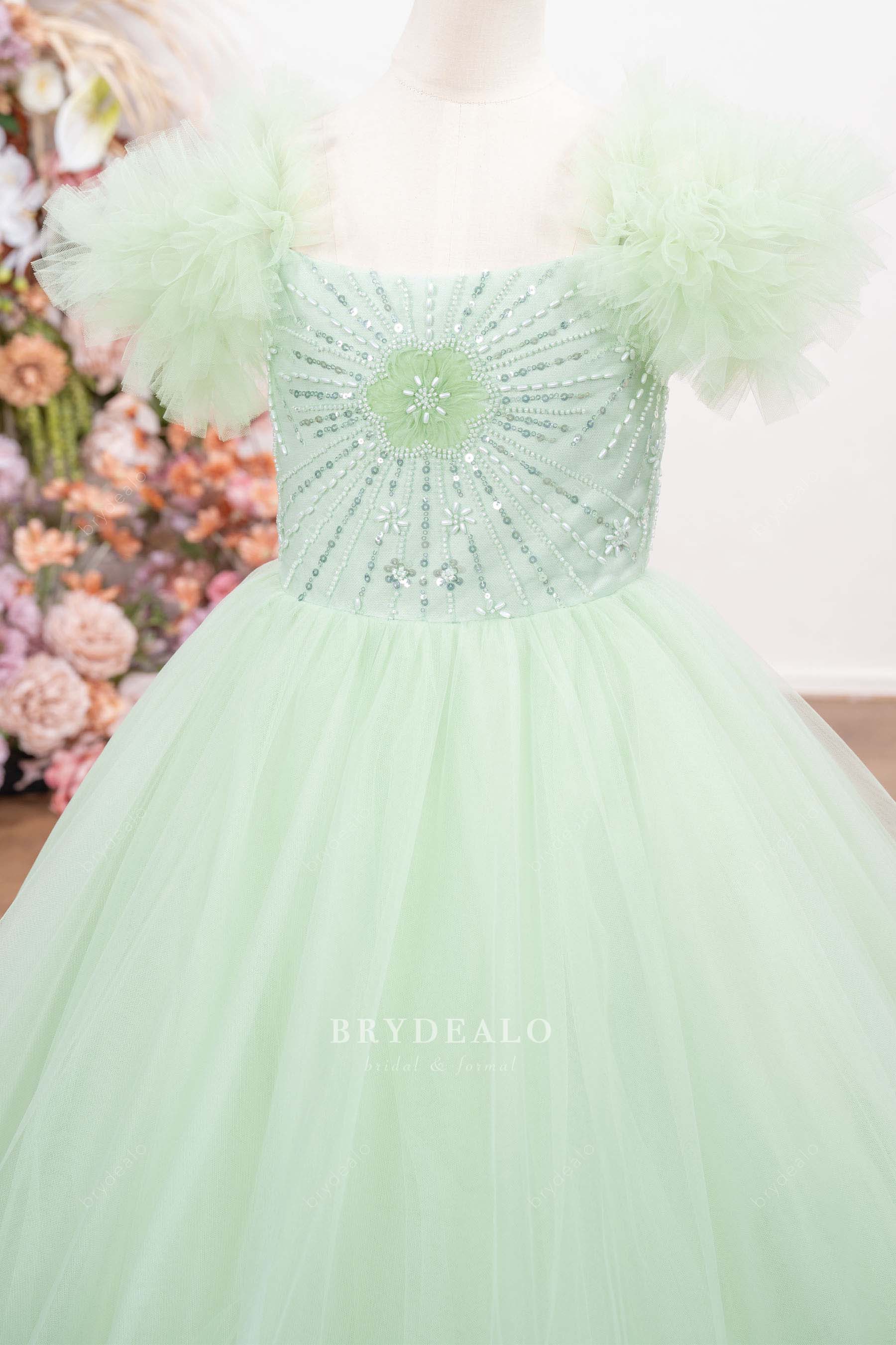 fancy green ruffled shoulders kids pageant dress