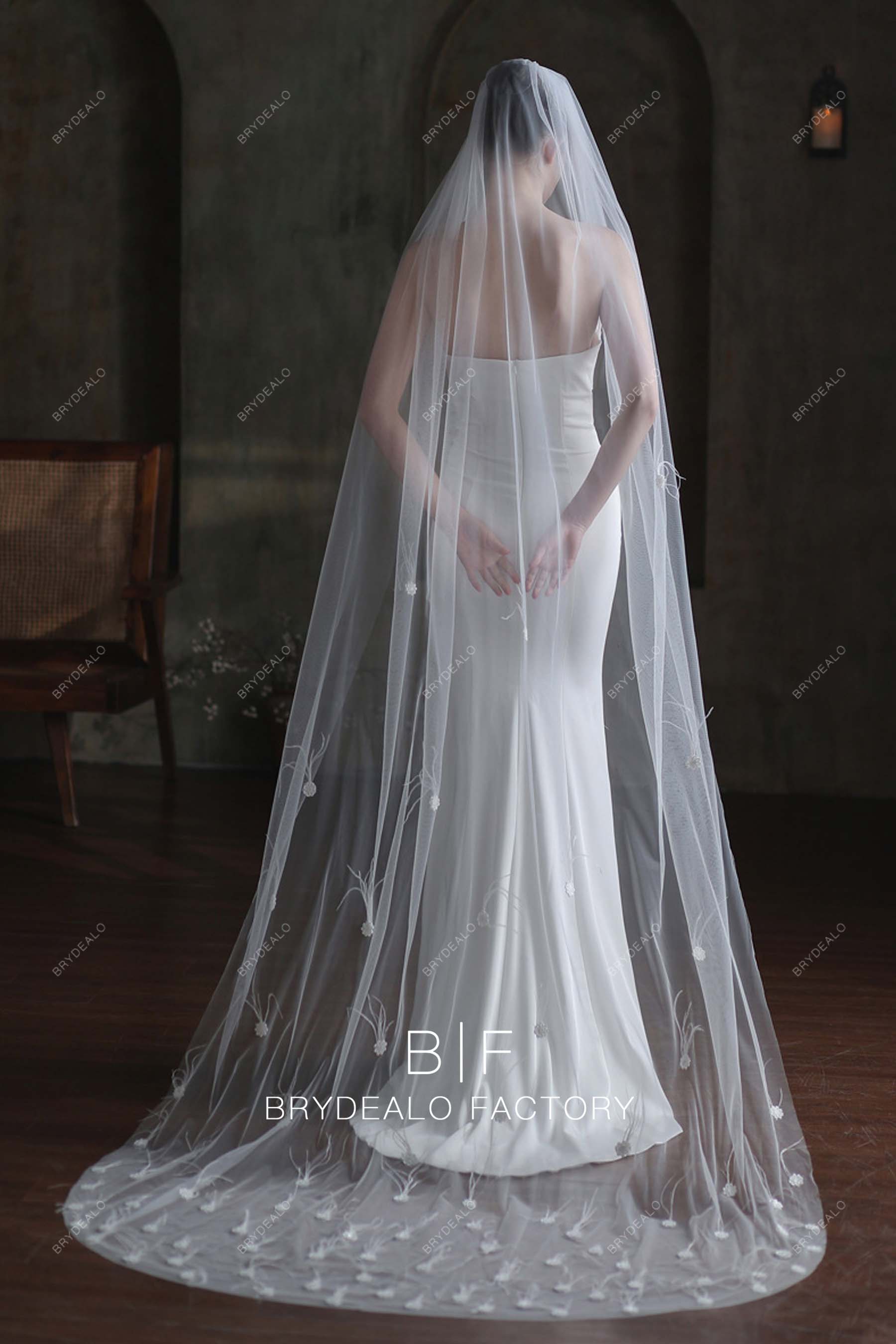 Designer Feather Flower Chapel Length Wedding Veil