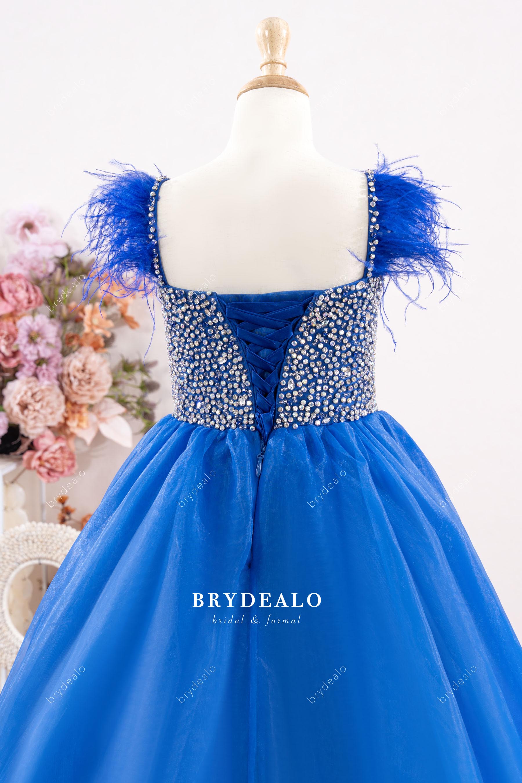 feather straps lace-up girl pageant gown