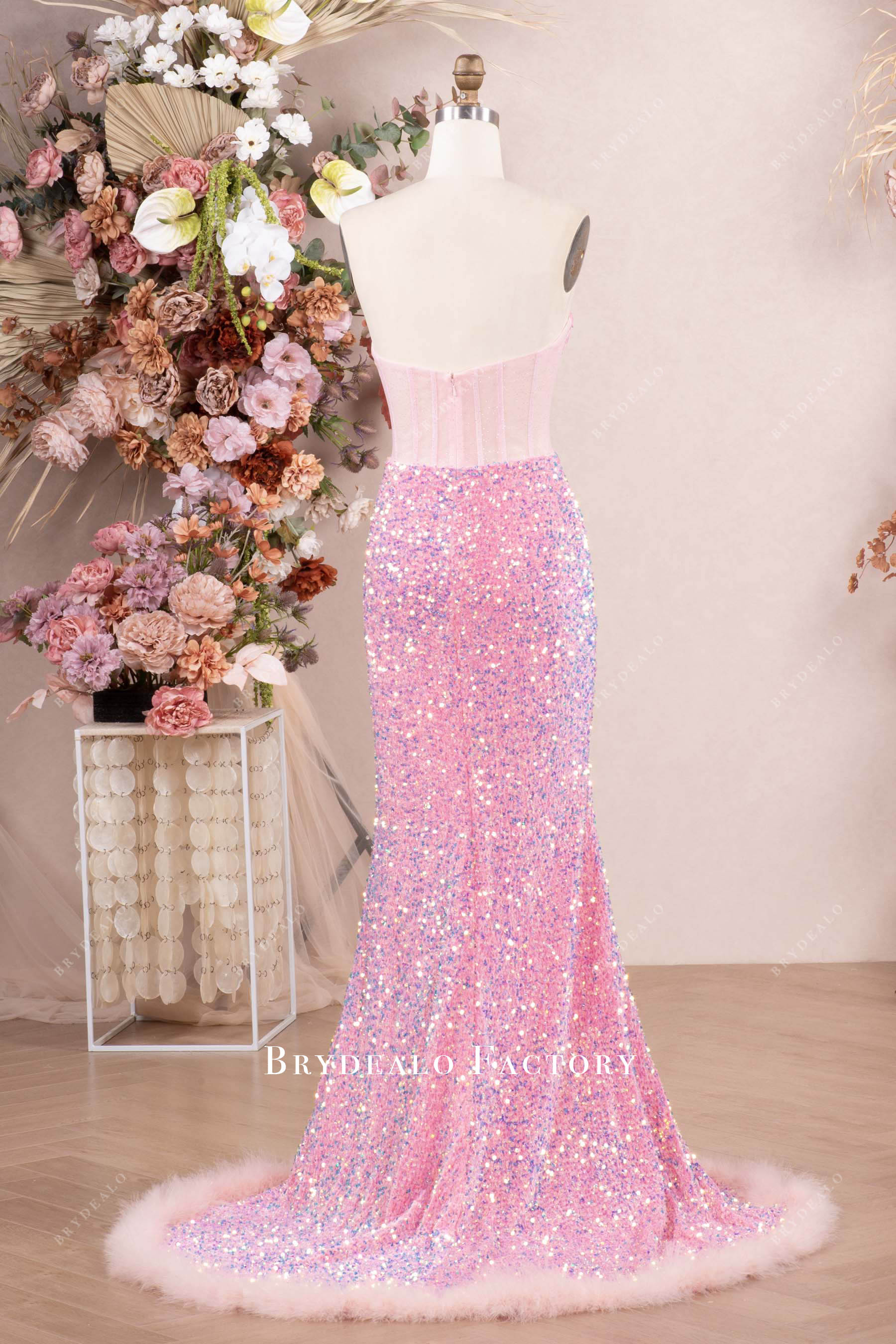 feather train sparkly sequin prom dress