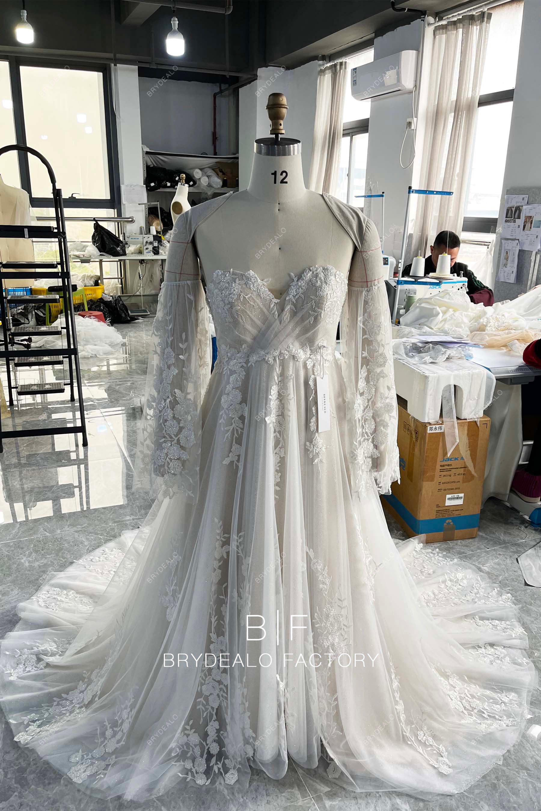 fine bell sleeve shimmery Aline wedding dress