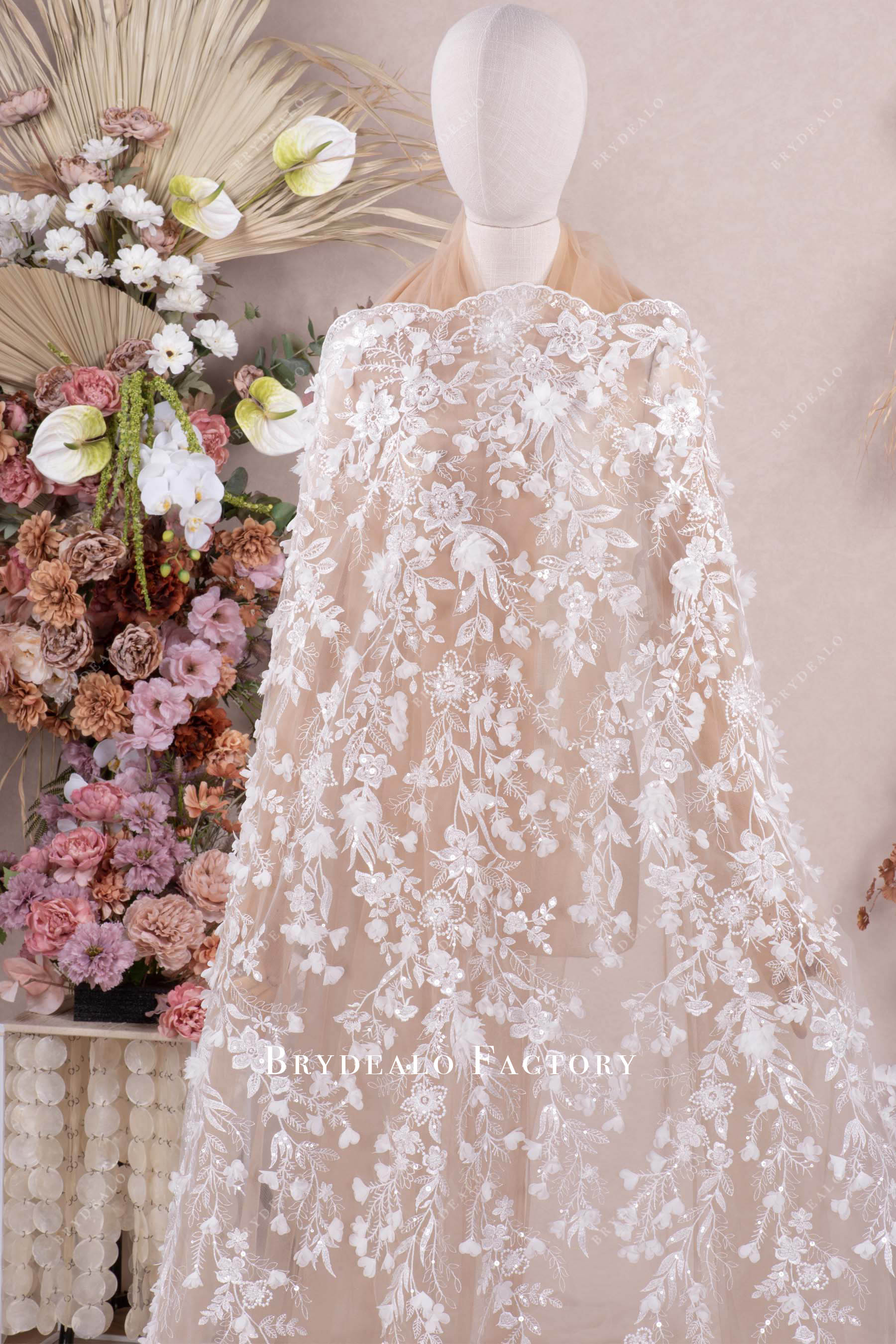 Shimmery 3D Flowers Botany Embroidery Lace Fabric Shimmery 3D Flowers Botany Embroidery Lace Fabric