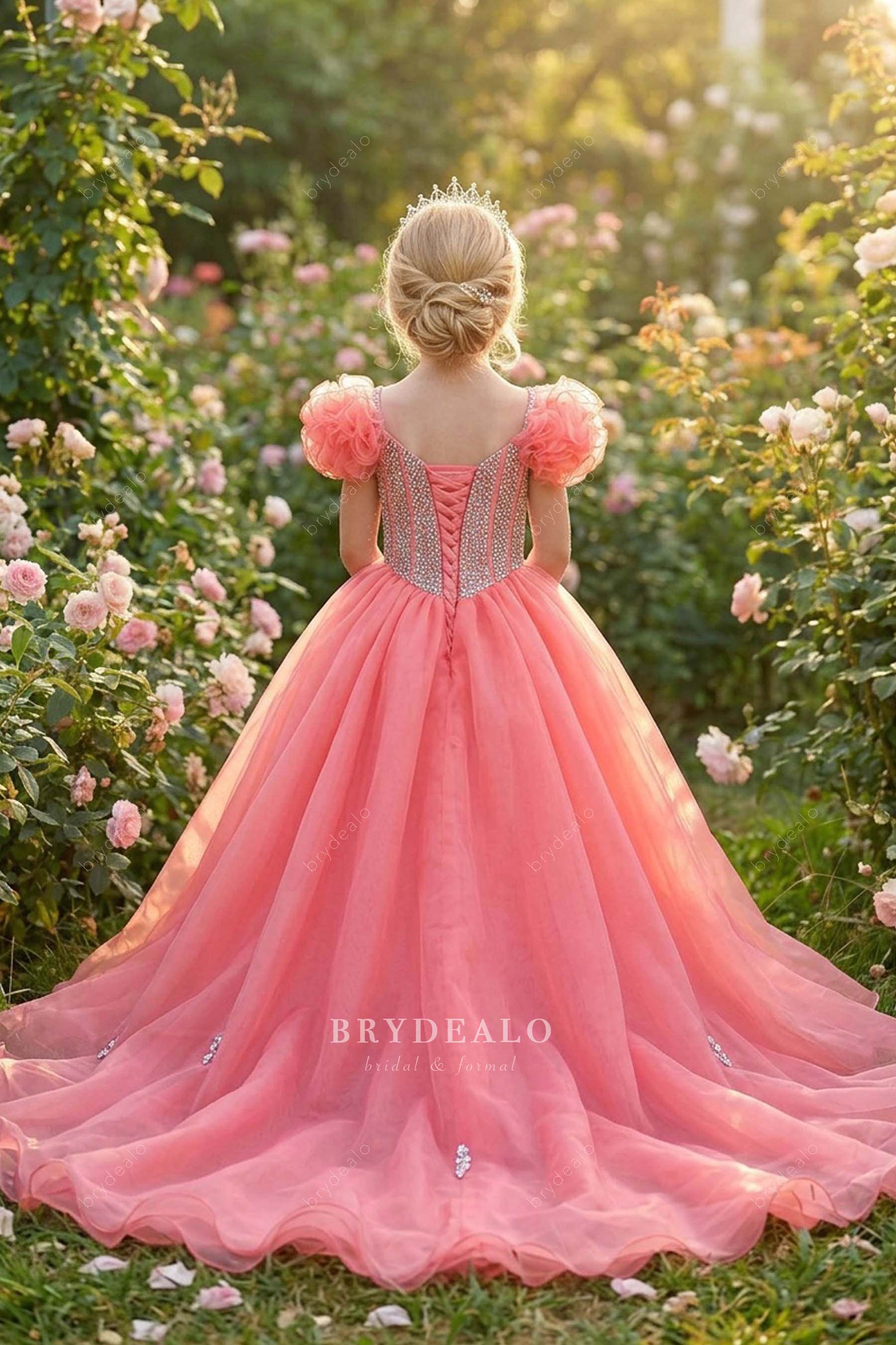 flamingo long organza kids pageant gown
