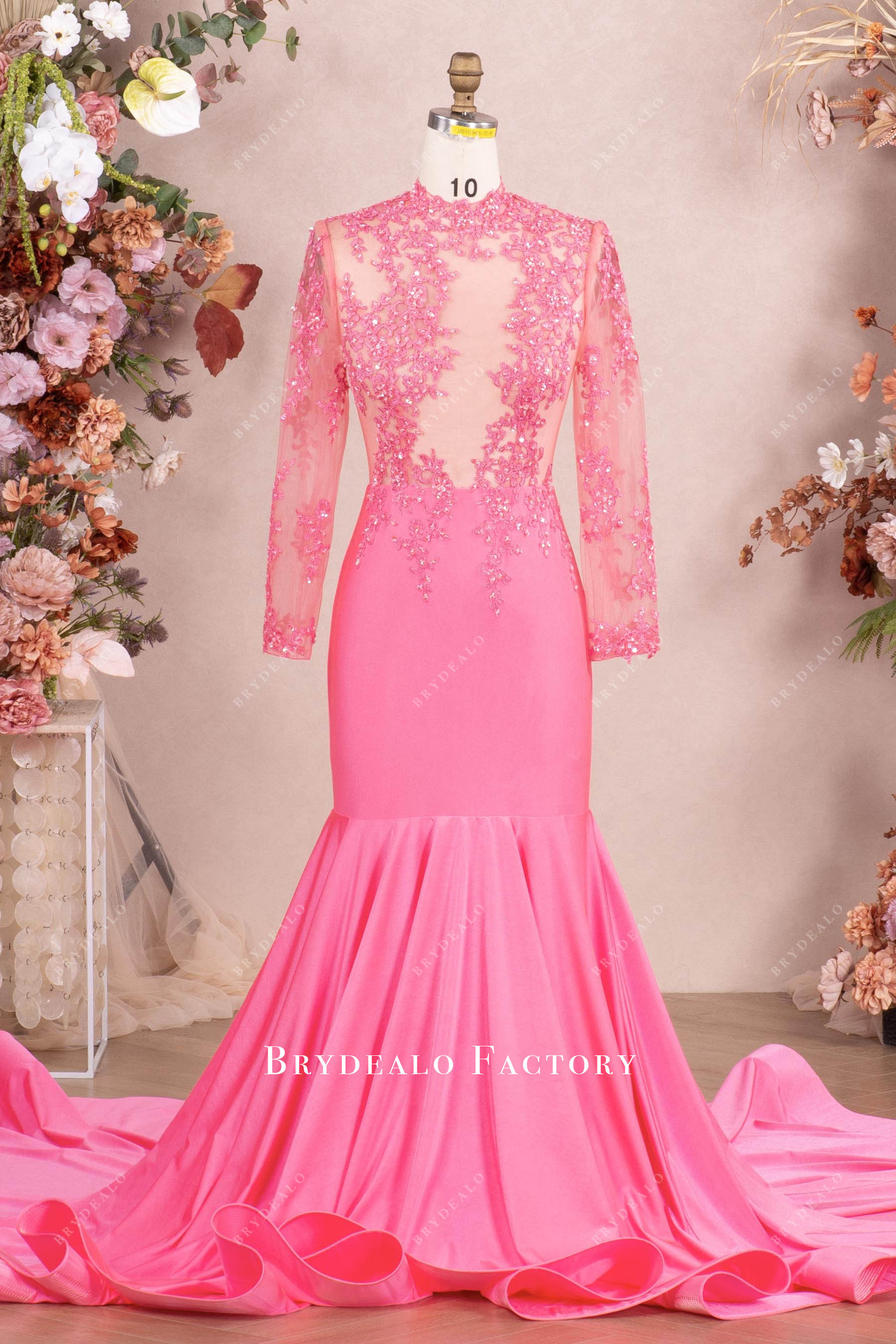 Flamingo Beaded Lace Sleeved Mermaid Prom Dress Flamingo Beaded Lace Sleeved Mermaid Prom Dress