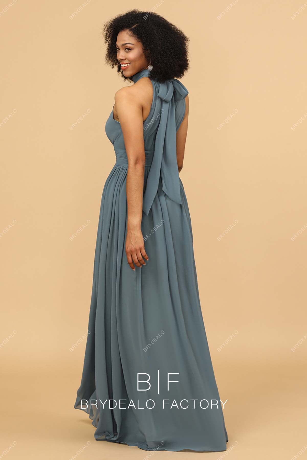 Dusty Blue Floor Length Sleeveless Chiffon Bridesmaid Gown