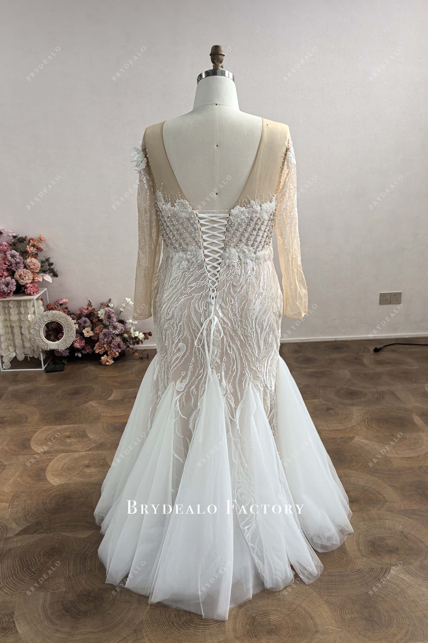 floor length godet lace-up back wedding dress