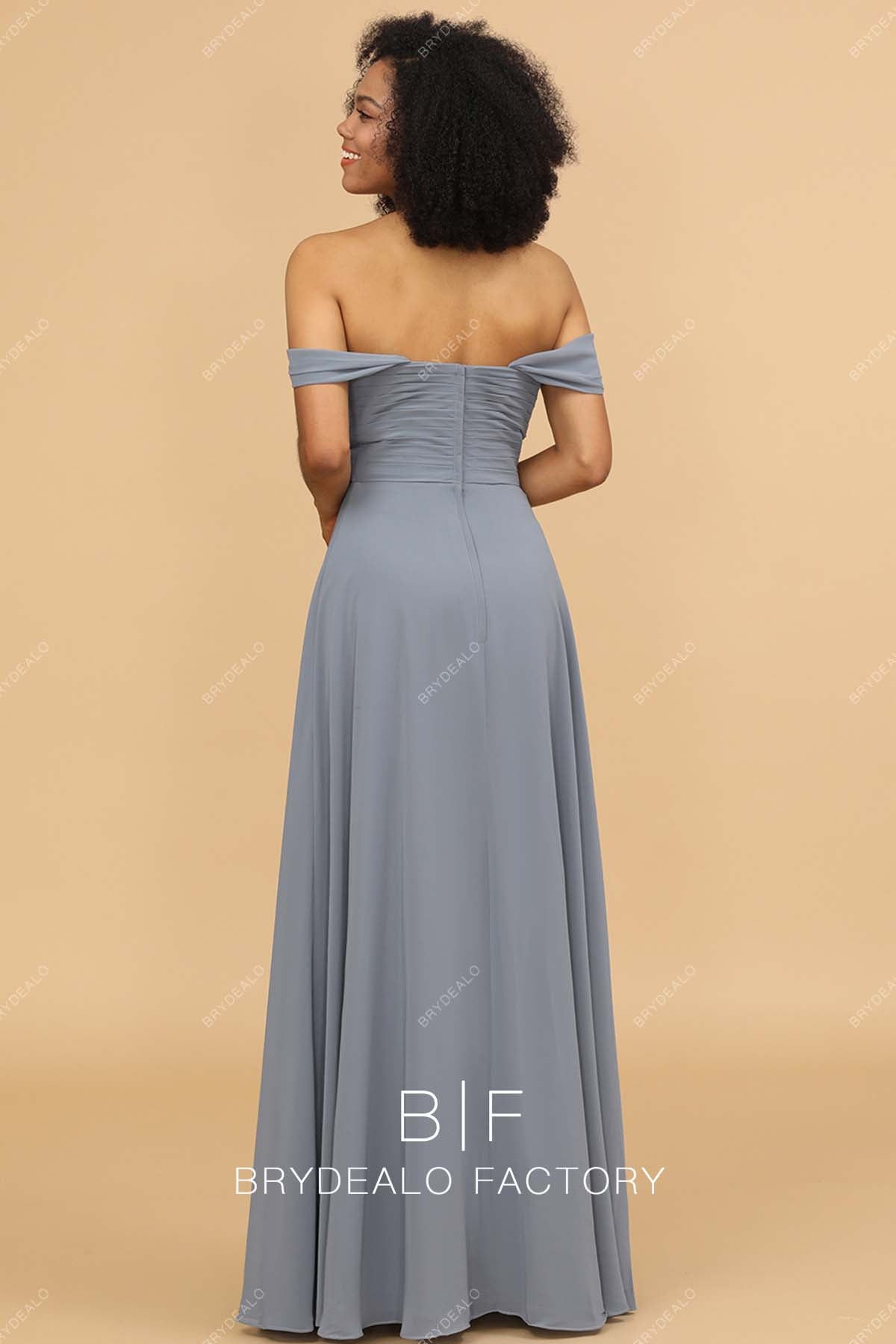 Gray Chiffon Off the Shoulder Floor Length Bridesmaid Dress
