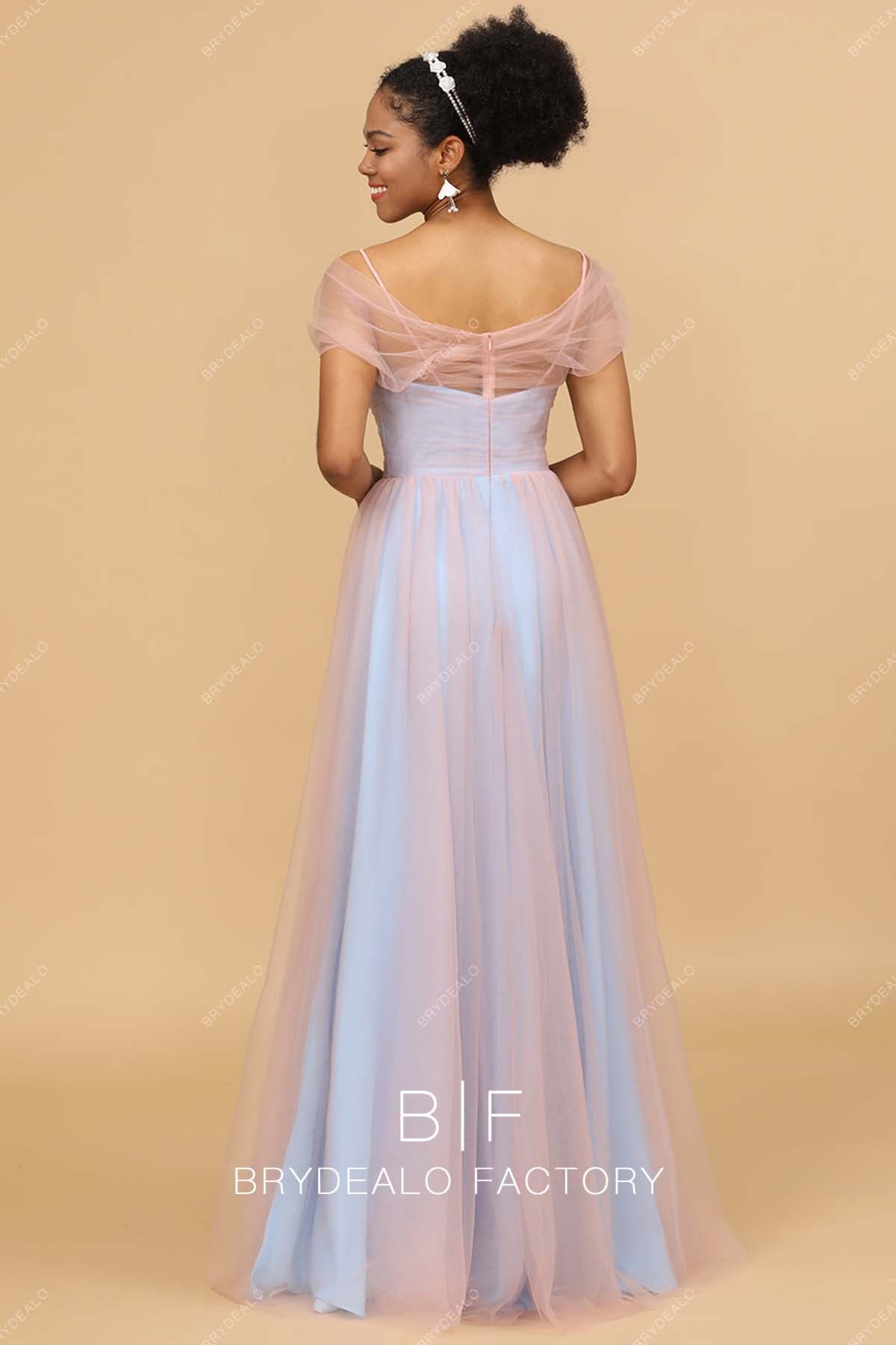 floor length pink tulle overlaid blue bridesmaid gown