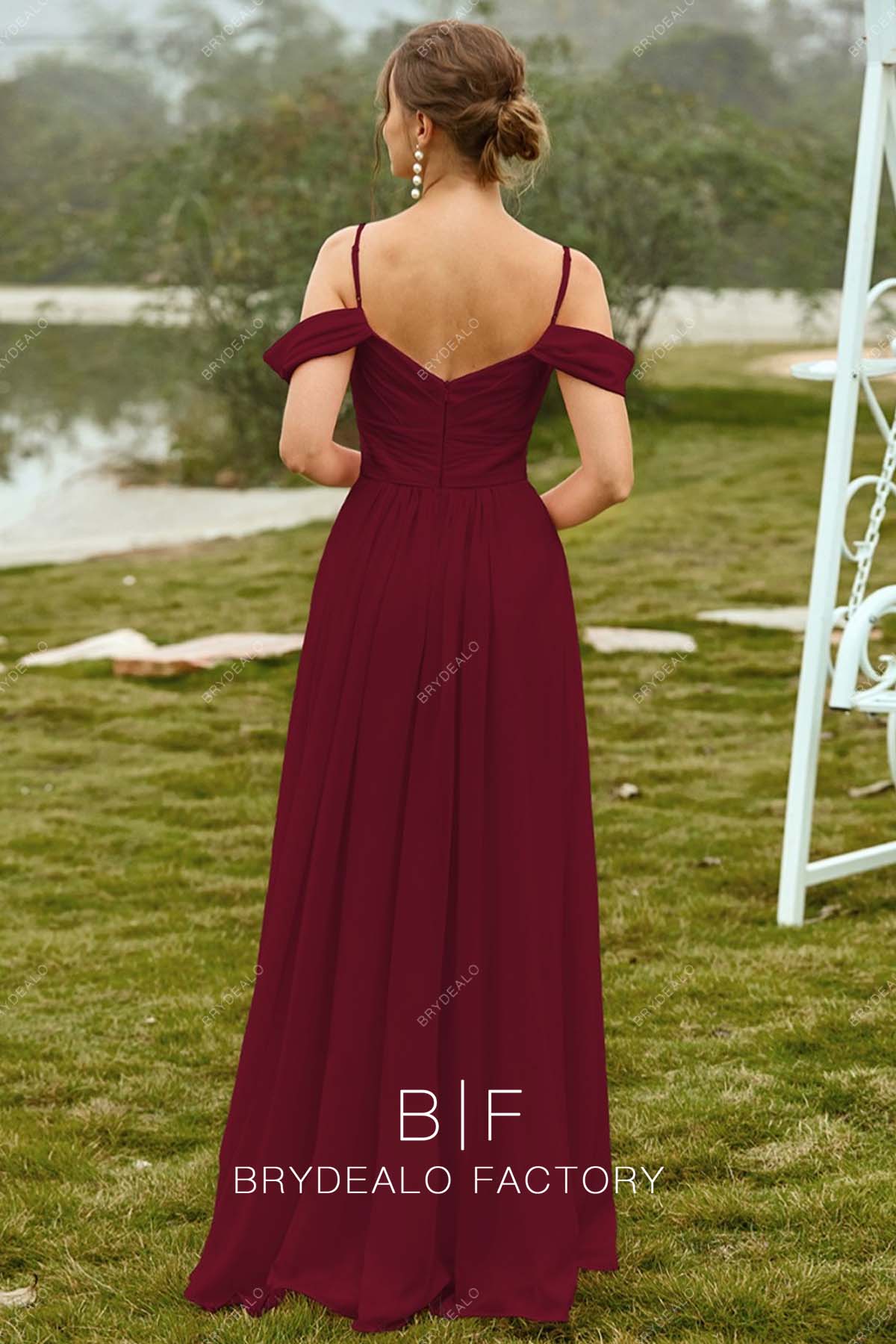 Burgundy Chiffon Open Back Floor Length Bridesmaid Gown