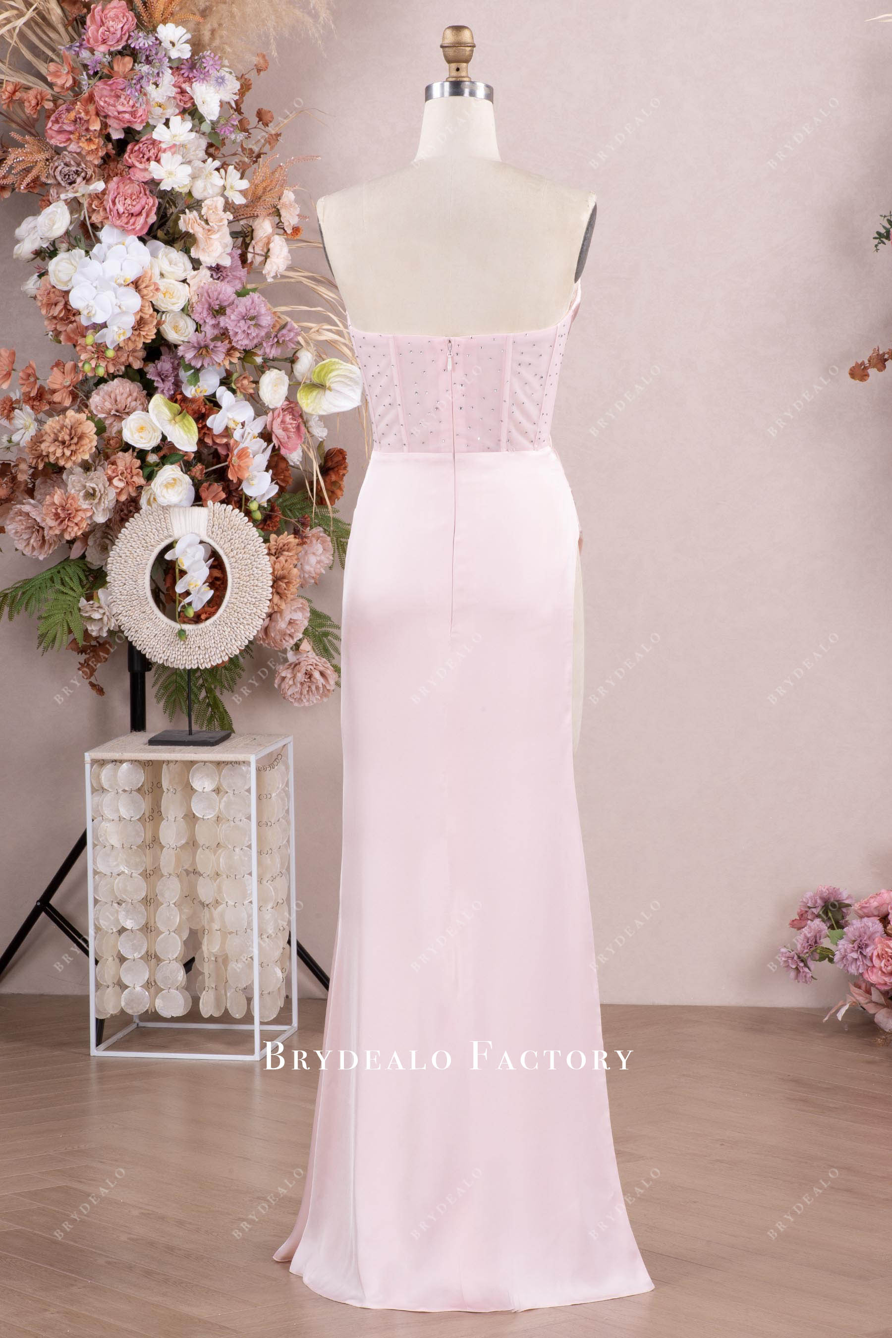 floor length pink satin prom dress