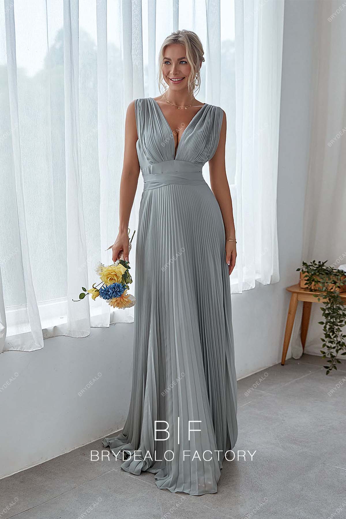 Grey Plunging Neck Empire Pleated Chiffon Bridesmaid Dress