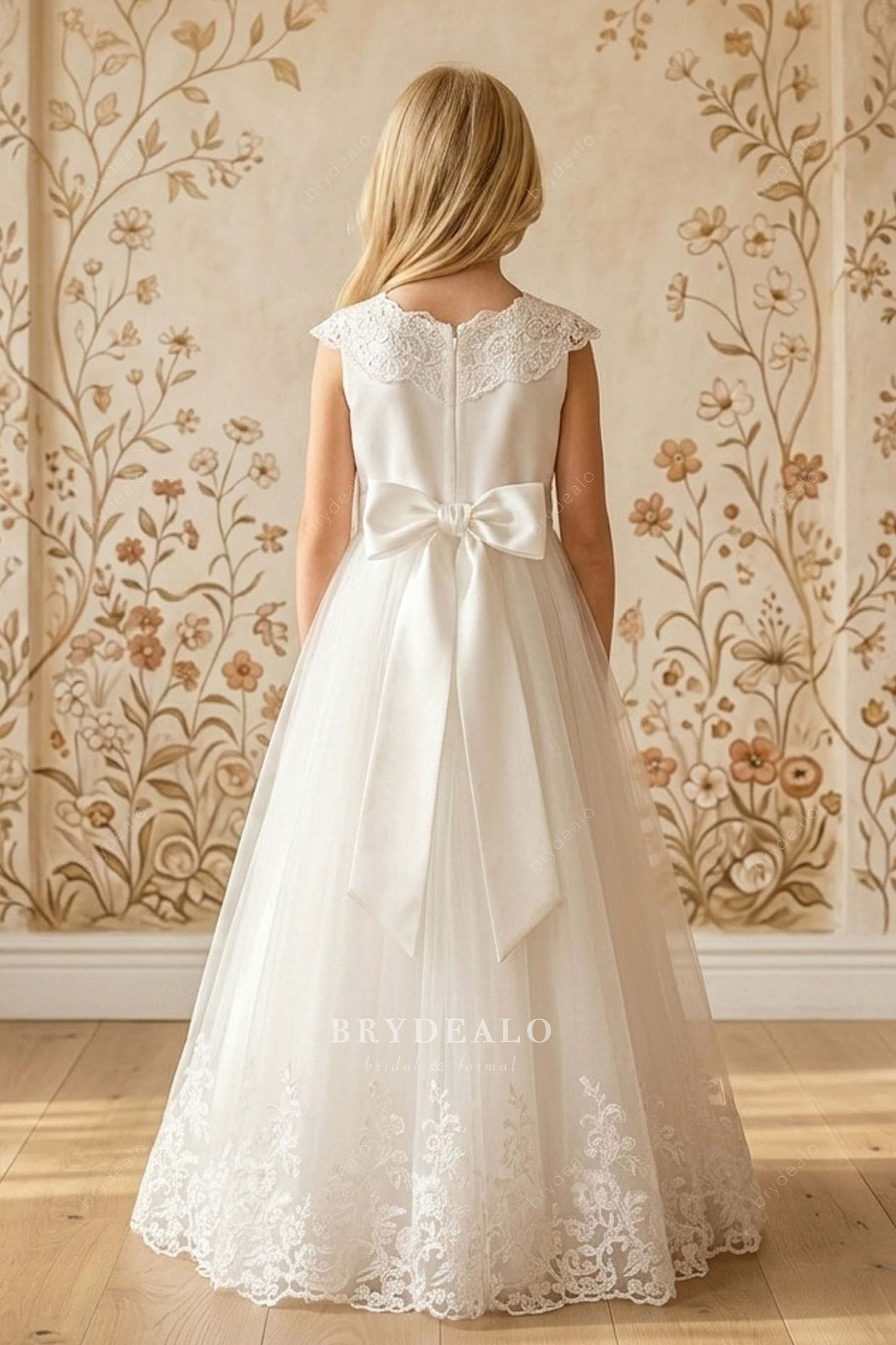 floor length satin bow flower girl dress