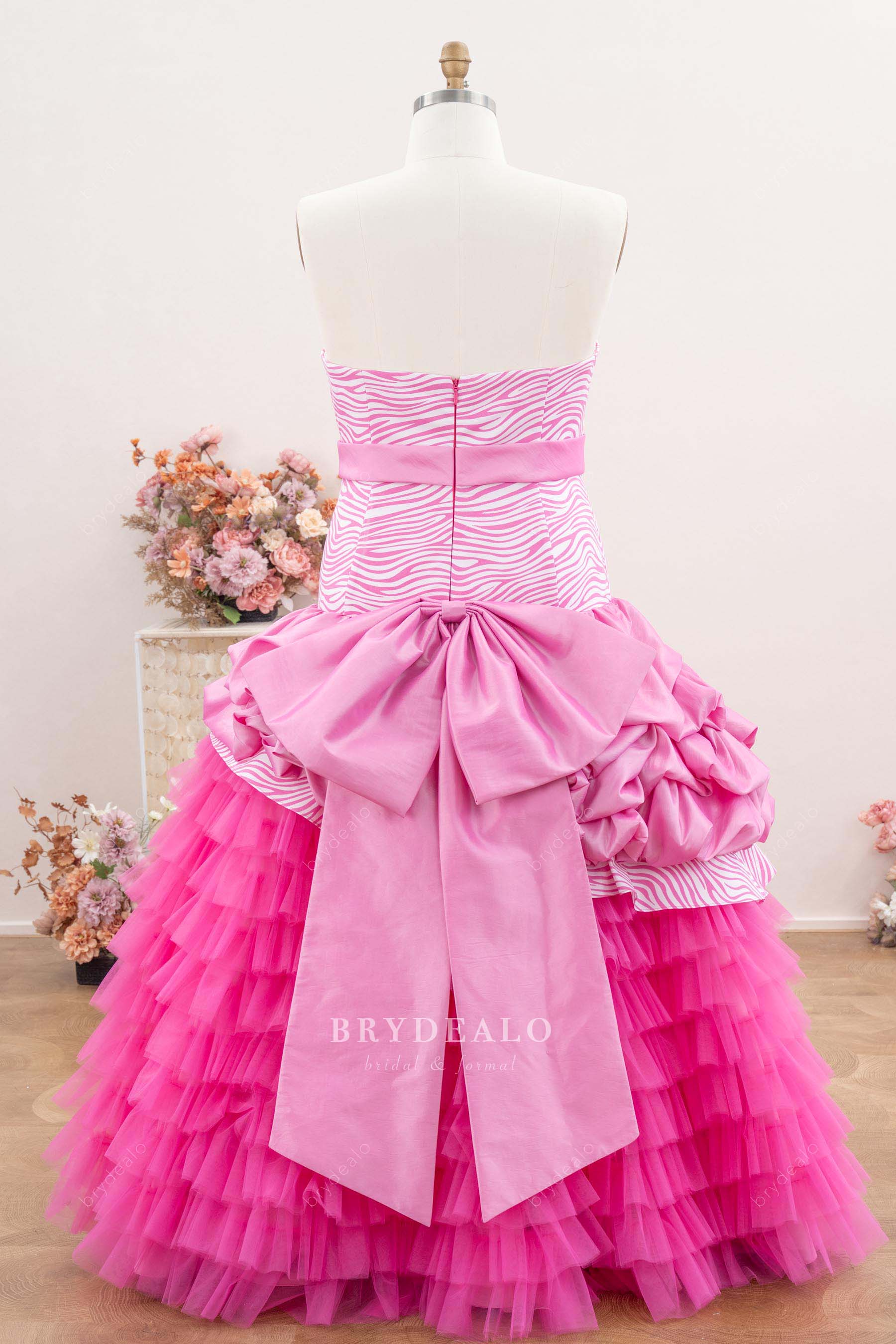 floor length tiered pink gown