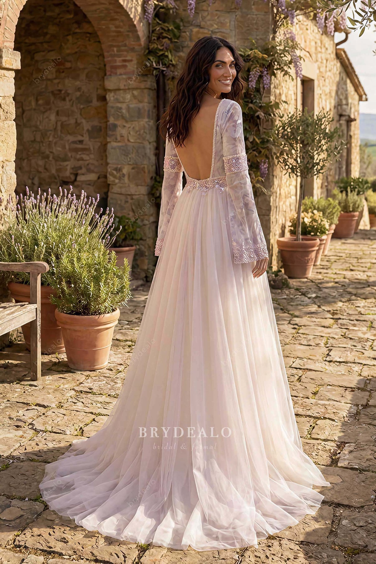 floral bell sleeve boho wedding dress