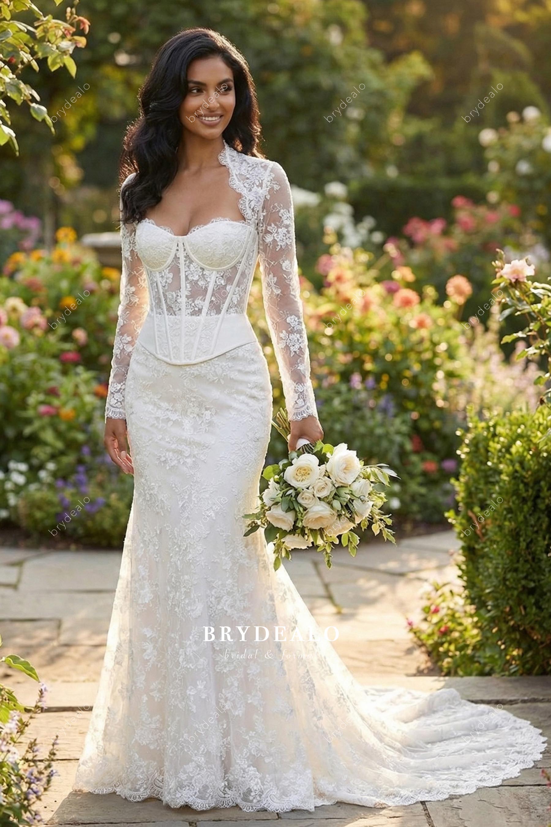 Lace Illusion Sleeve Queen Anne Neck Mermaid Wedding Dress Lace Illusion Sleeve Queen Anne Neck Mermaid Wedding Dress