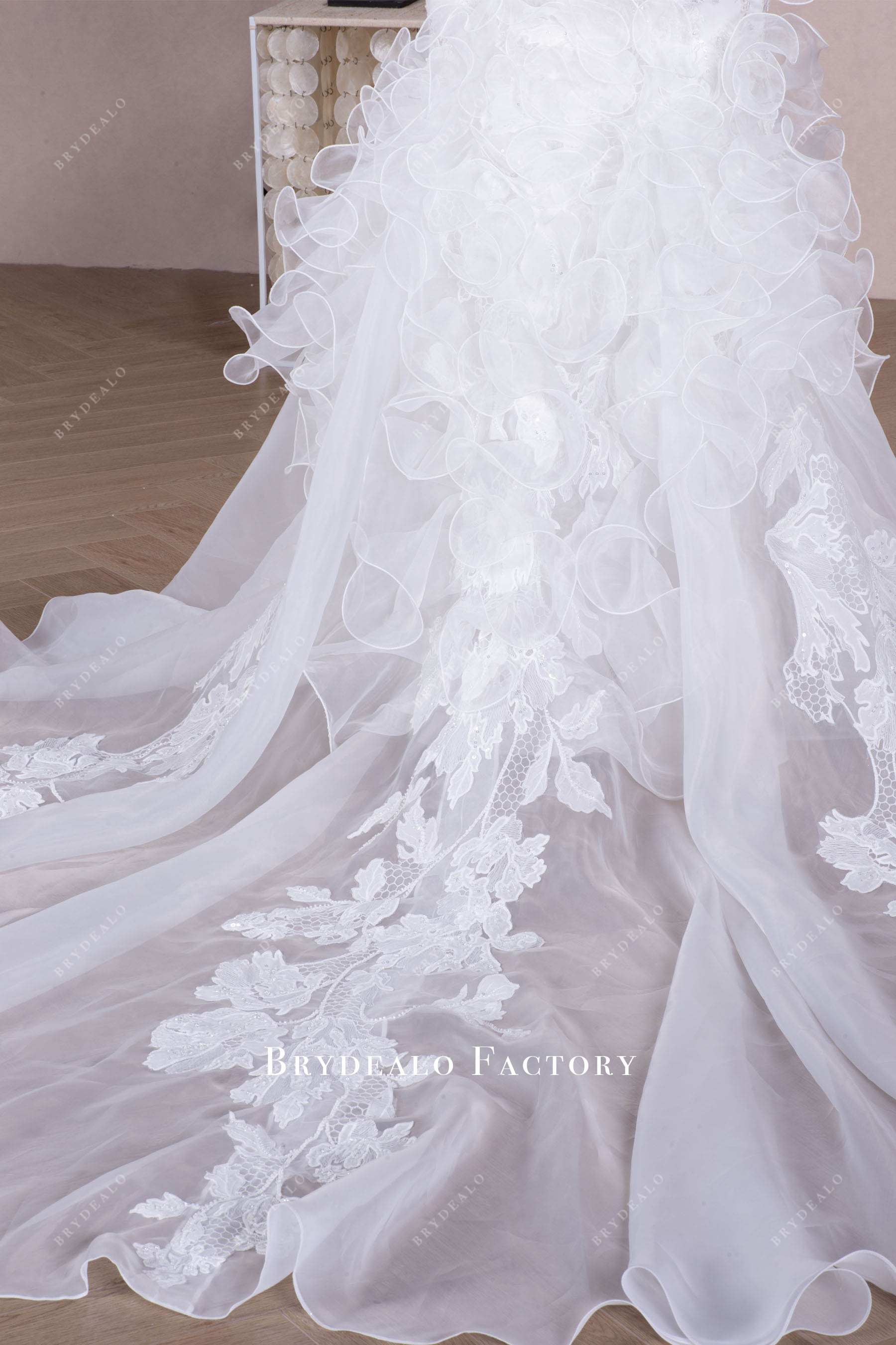 floral lace organza train wedding gown