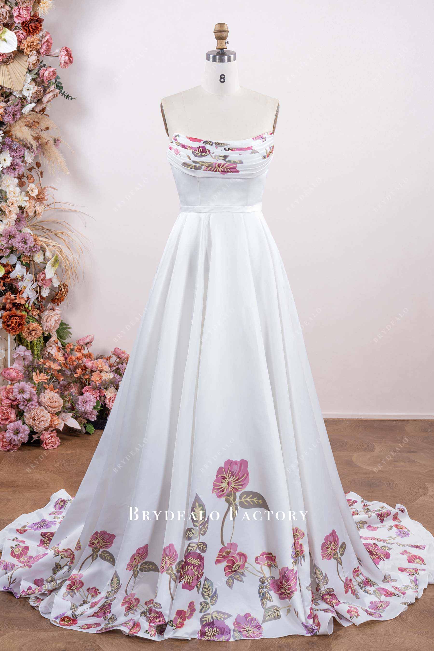 floral print satin wedding dress