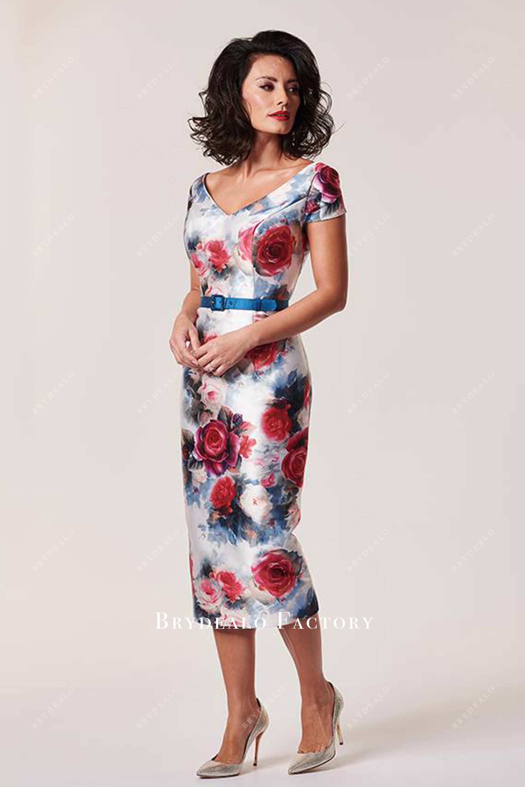 Floral Print V-Neck Cap Sleeves Mother Of Bride Dress