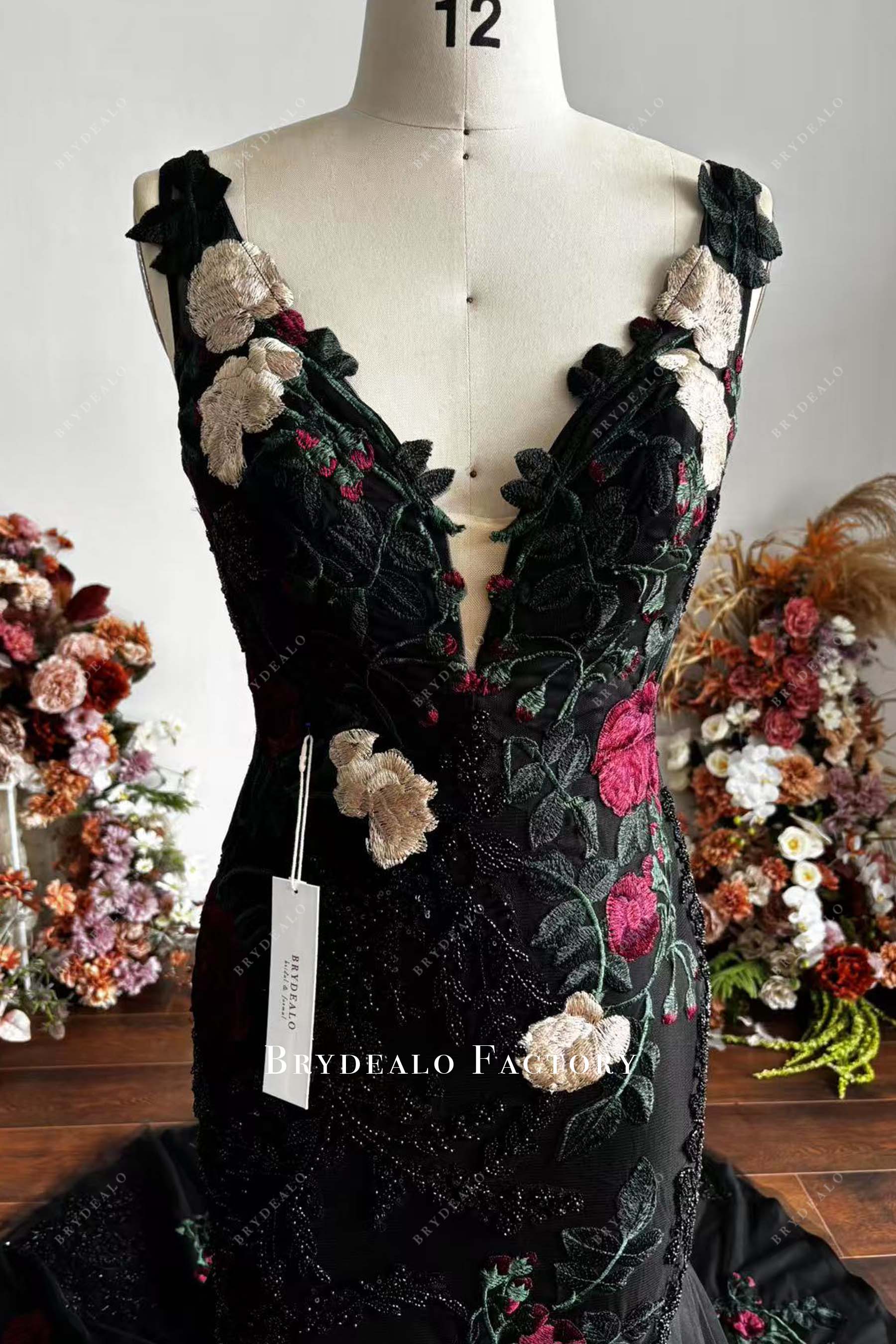 flower black plunging neck sleeveless bridal gown