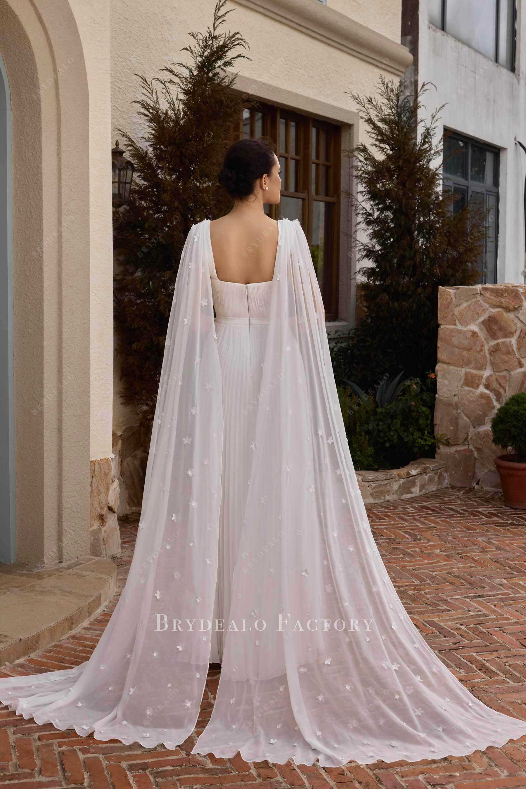 Minimalist Detachable Flower Chiffon Cape Pleated Wedding Dress