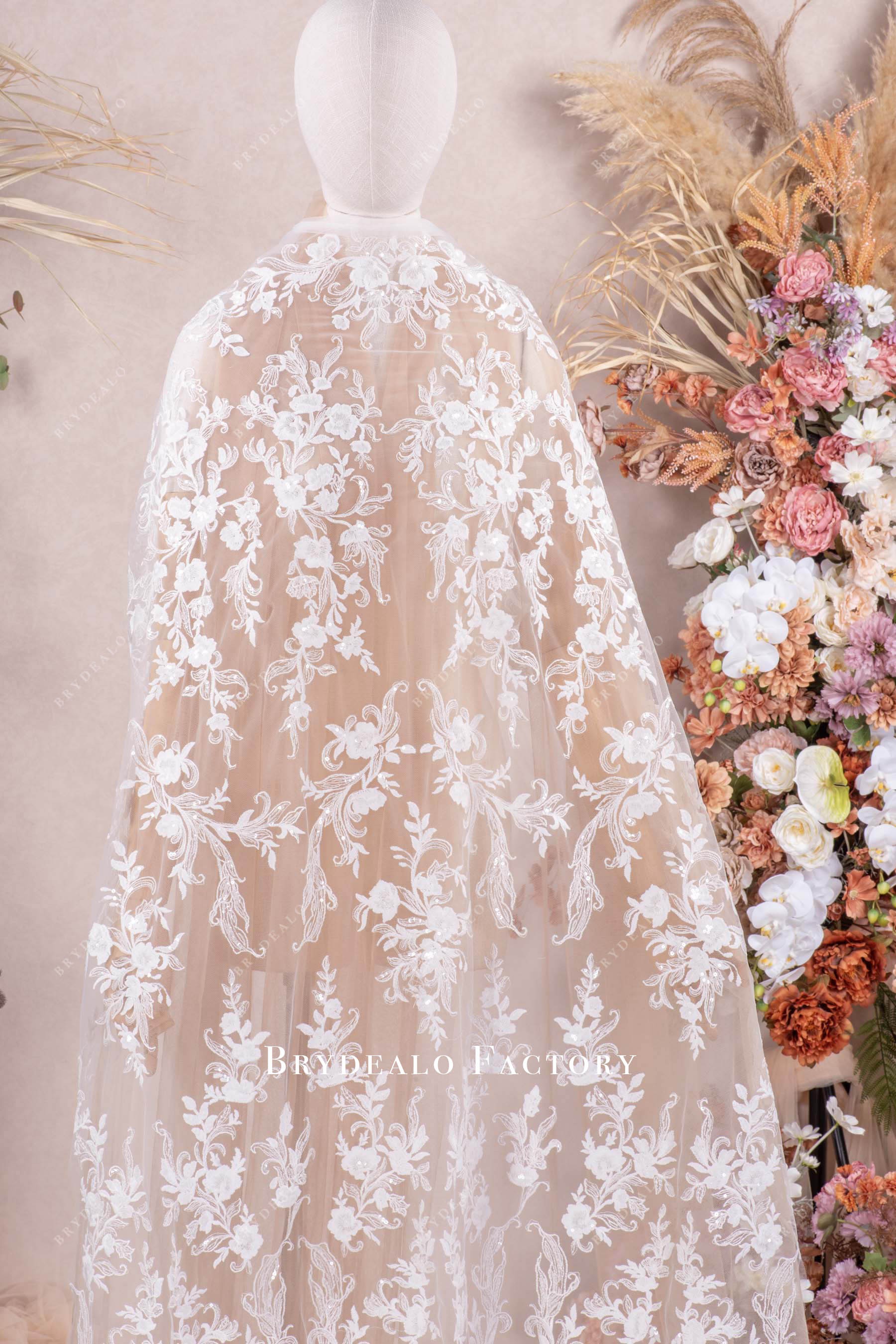 Delicate Clear Sequin Flower Embroidery Bridal Lace Fabric