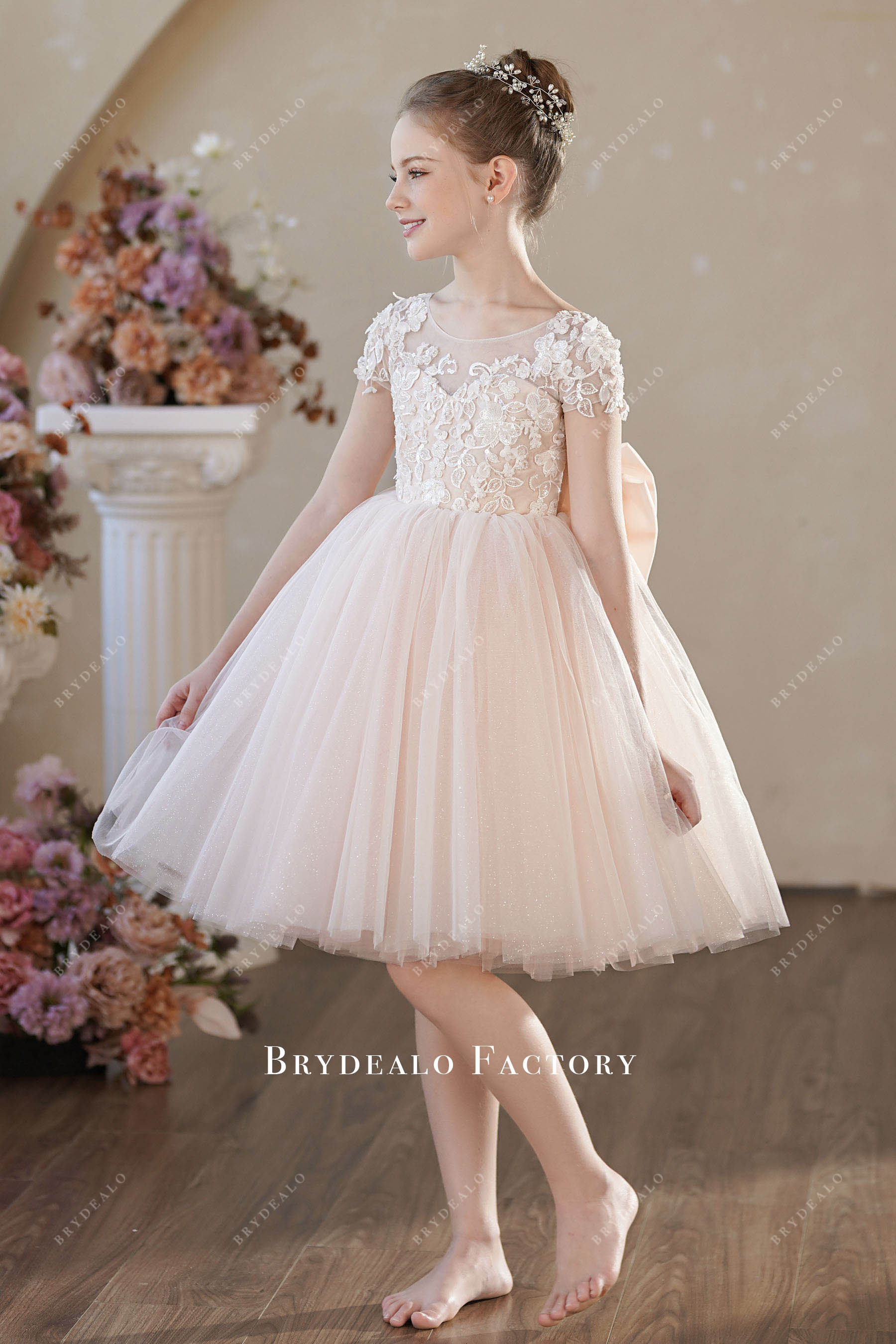 Luxury Beaded Flower Lace Shimmery Tulle Flower Girl Dress
